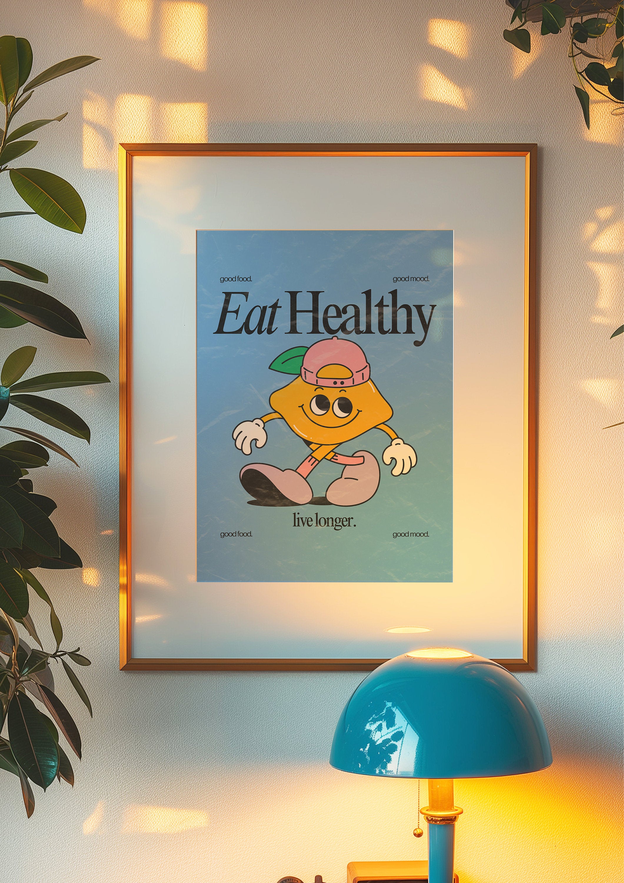 Eat Healthy Art, Classroom Art, Cute Retro Print, Lemon Cartoon, Retro Mascot Print, Funky Groovy Minimal Retro Poster