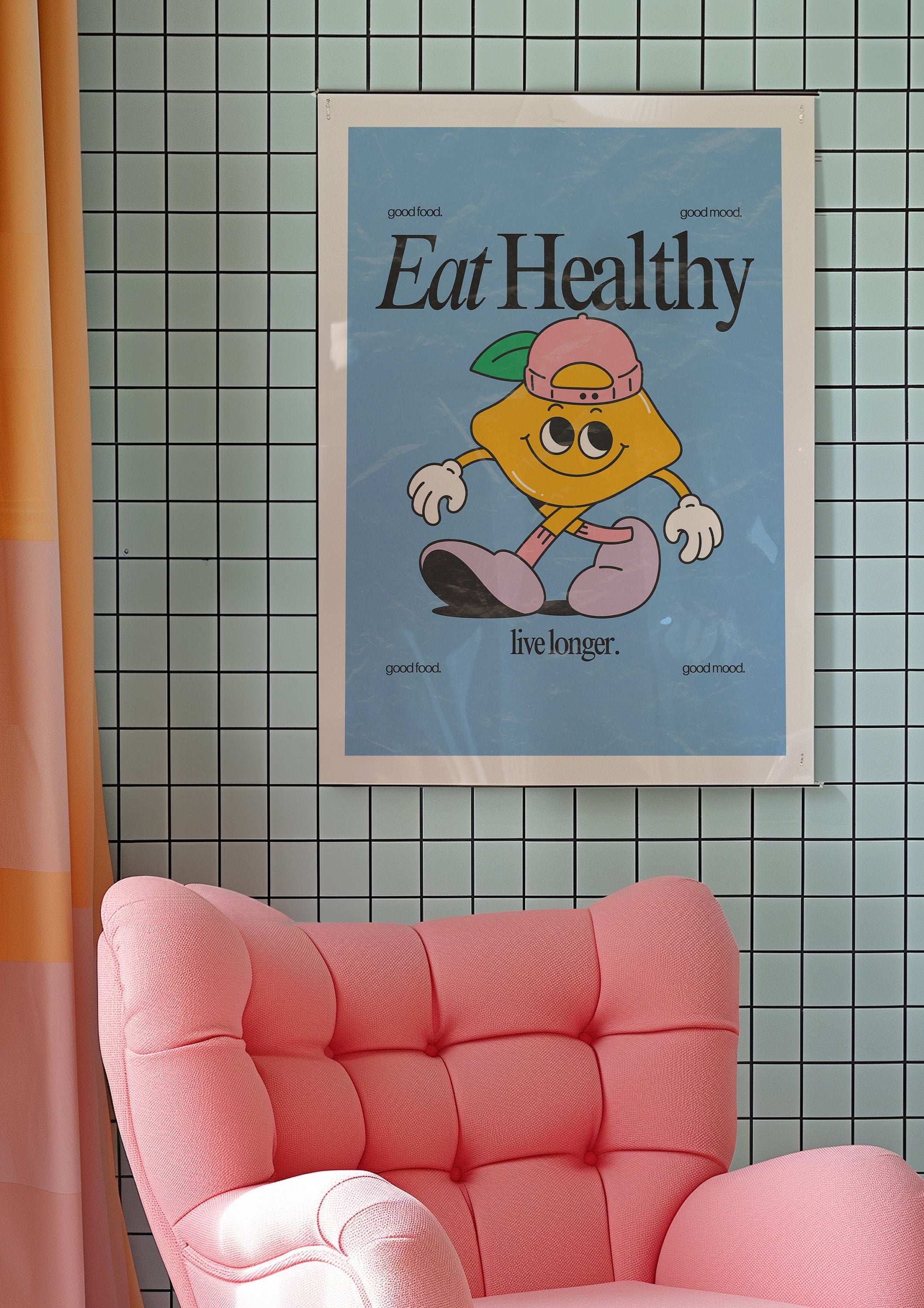 Eat Healthy Art, Classroom Art, Cute Retro Print, Lemon Cartoon, Retro Mascot Print, Funky Groovy Minimal Retro Poster