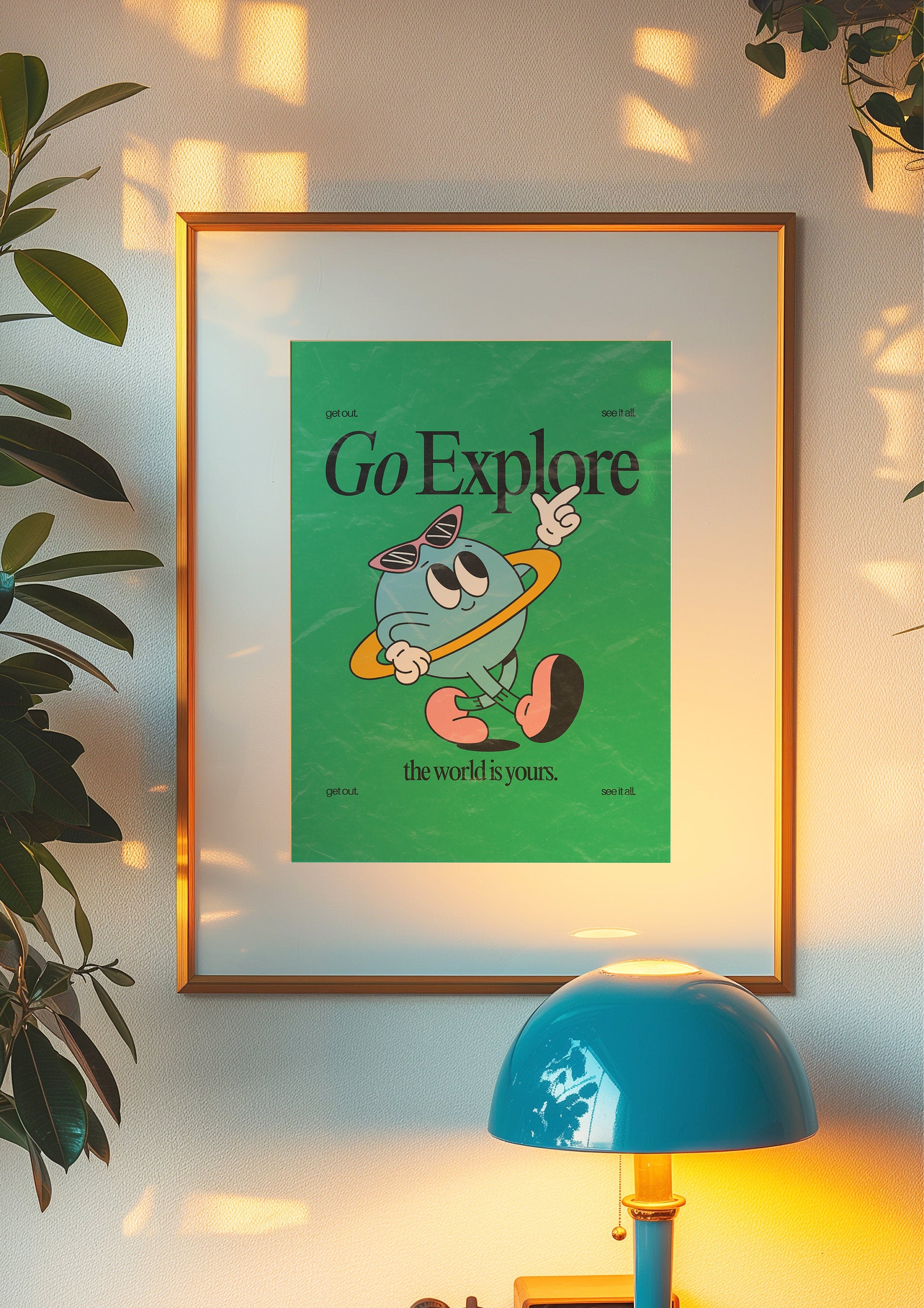 Go Explore Art, Classroom Art, Cute Retro Print, Planet Cartoon, Retro Mascot Print, Funky Groovy Minimal Retro Poster