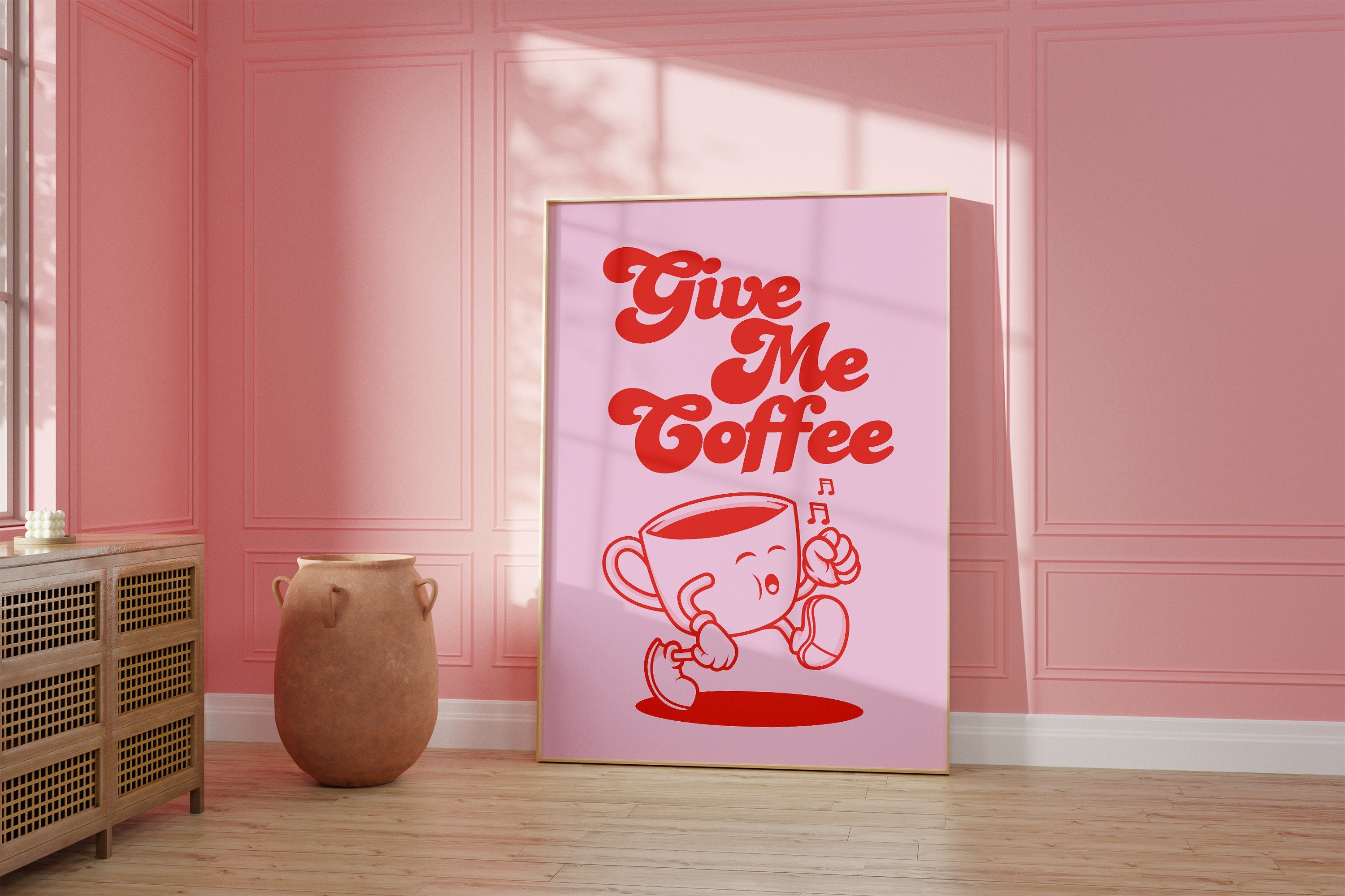 Coffee poster, Pink and red prints, Coffee bar print, Cartoon style, Coffee bar sign, Espresso depresso, Light pink art, Pink Kitchen Poster