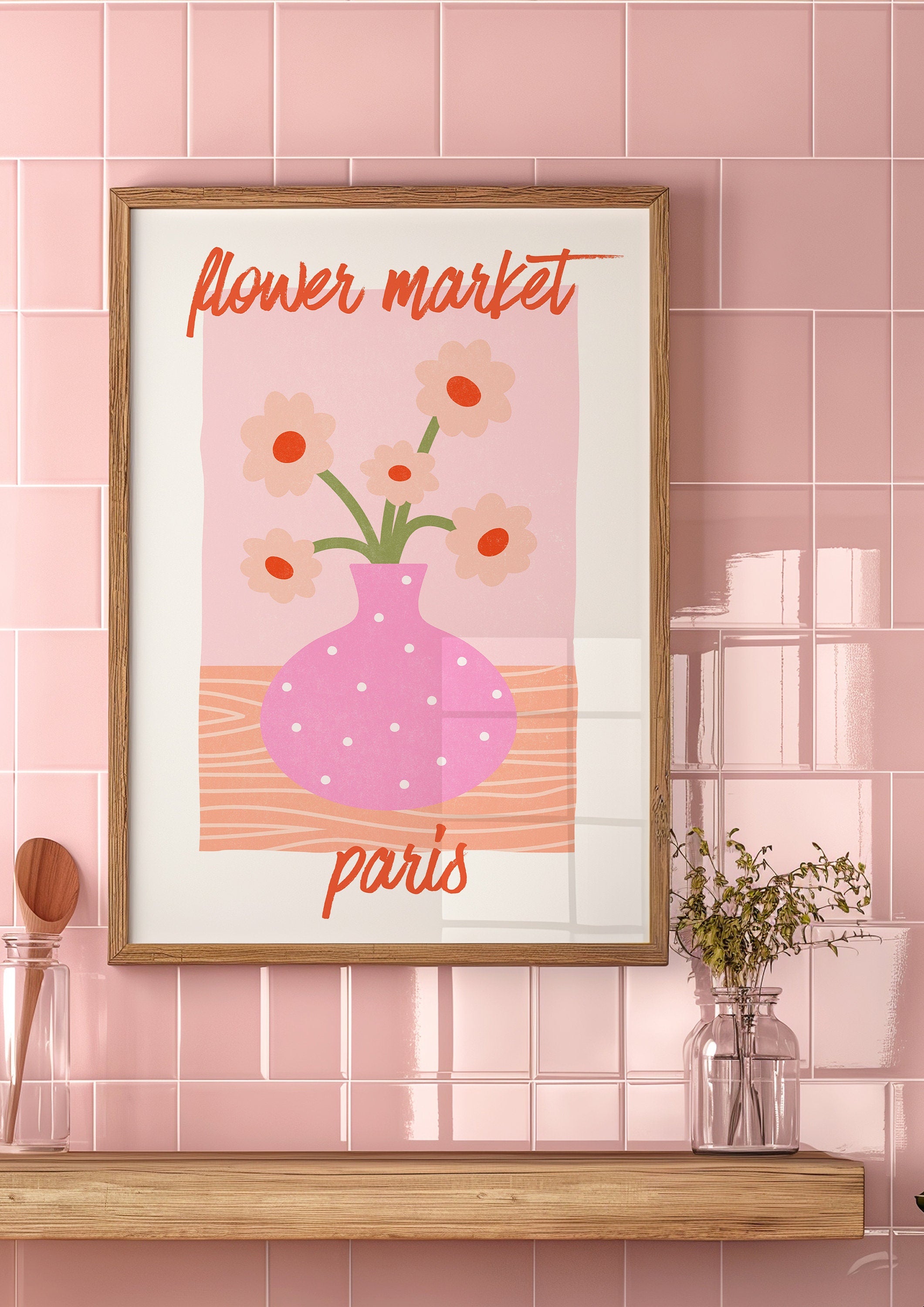 Pink Flower Bouquet Art, Abstract Floral Art, Flower Market New York City, Digital Print, Botanical Art, Pink Floral Posters, Pink Art Print