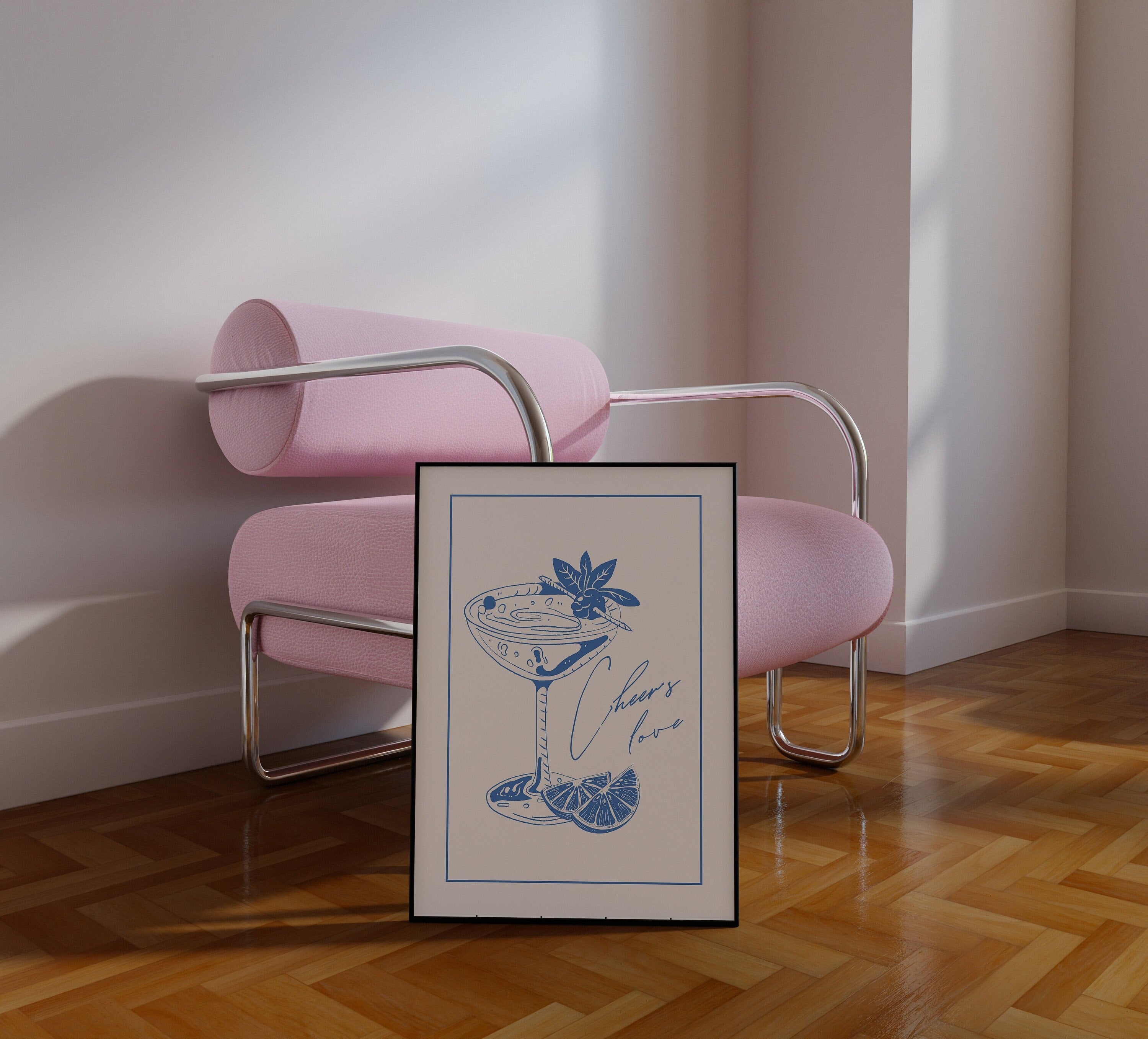 Neutral Wall Art Prints, Cocktail Line Art, Simple blue and white bar cart art, Minimalist Modern Living Room Wall Decor, Printable Art
