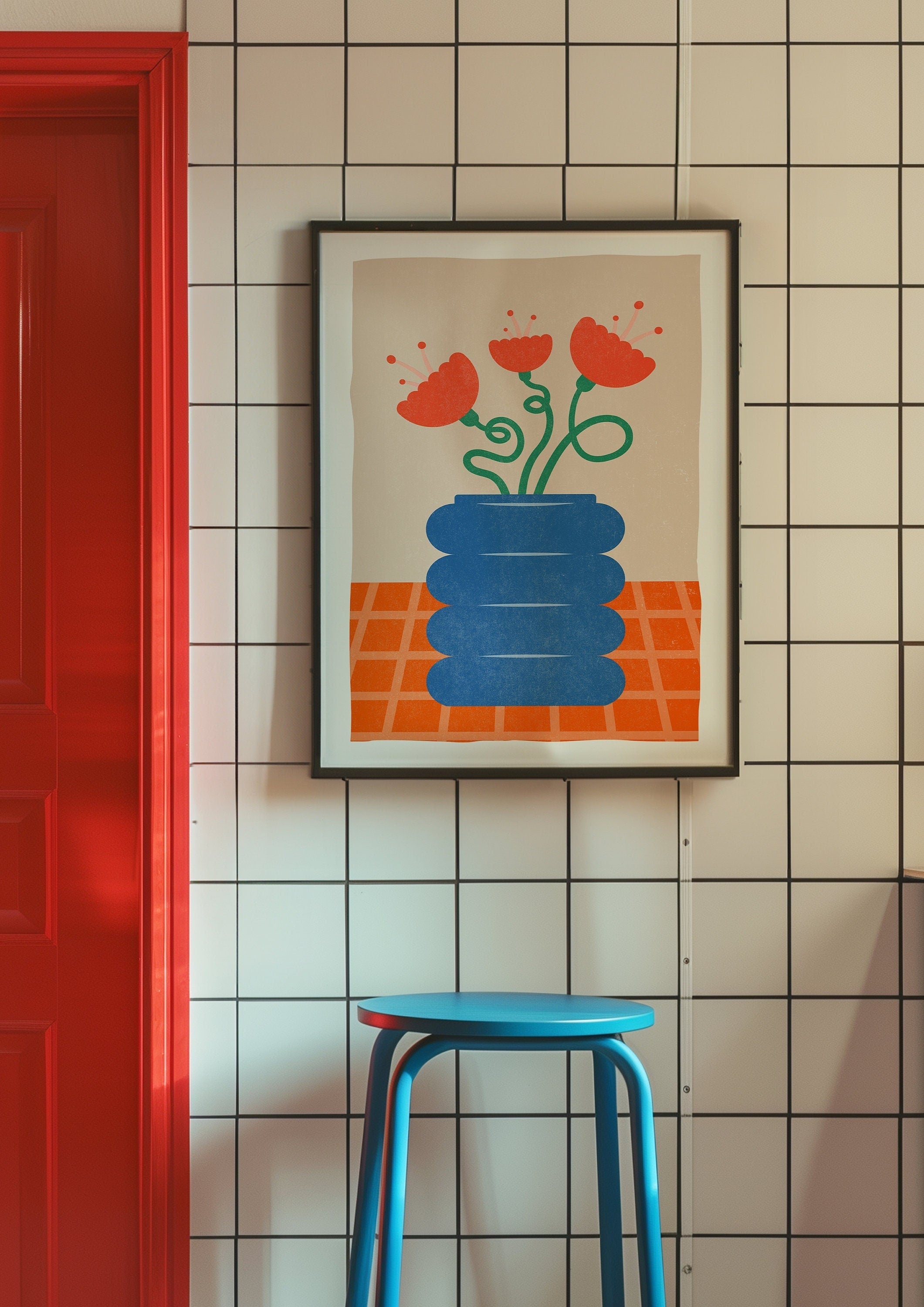 Floral Art, Oversized Art, Floral Art Print, Cute Wall Art, Girly Wall Art, Coquette Wall Art, Red Wall Print, Blue Poster, Blue Flower Art