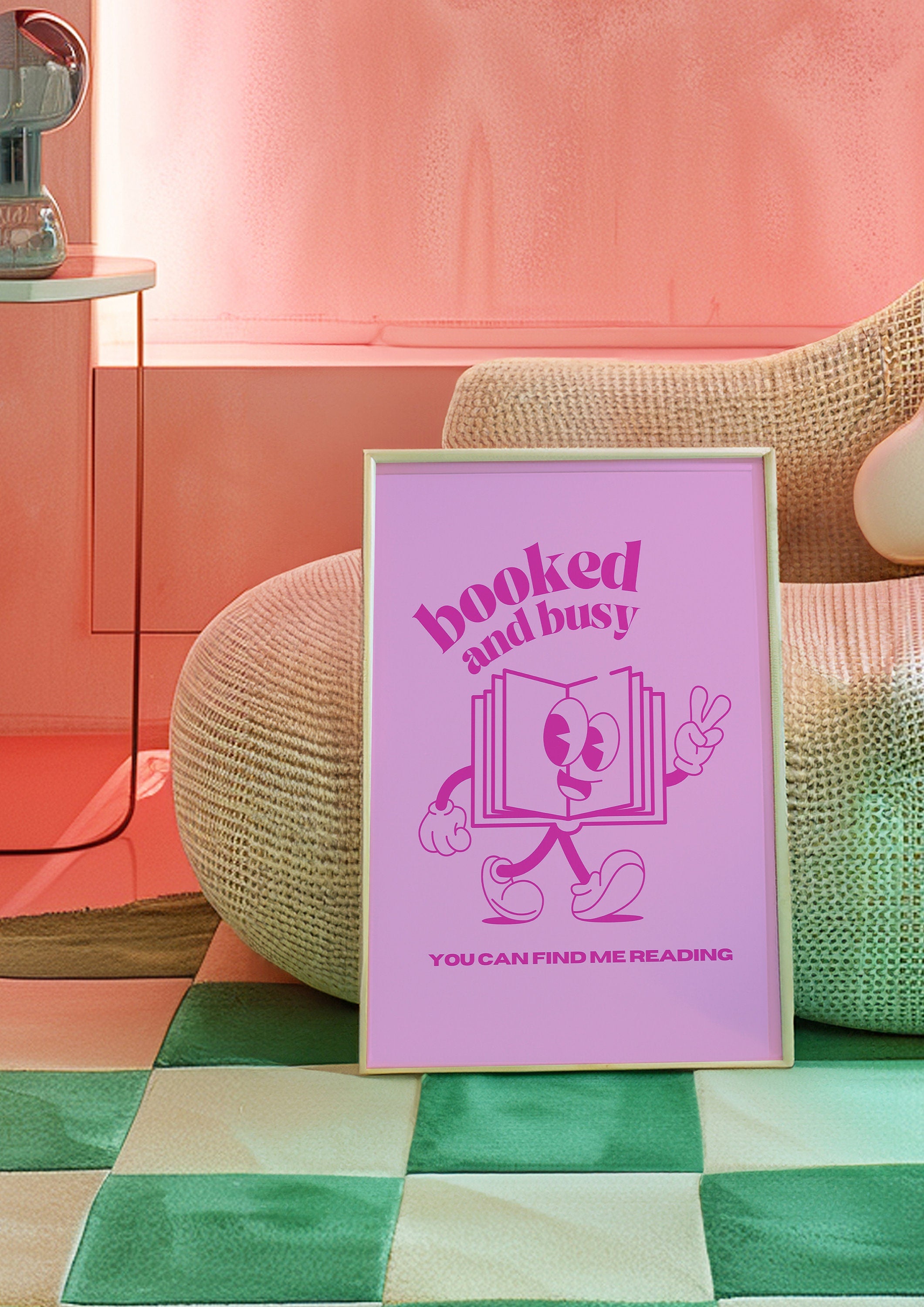 Booked and Busy, Retro Quote, Digital Prints Art, Downloadable Art, Reading Art Prints, Retro Cartoon Poster, Encouraging Posters, Pink Art