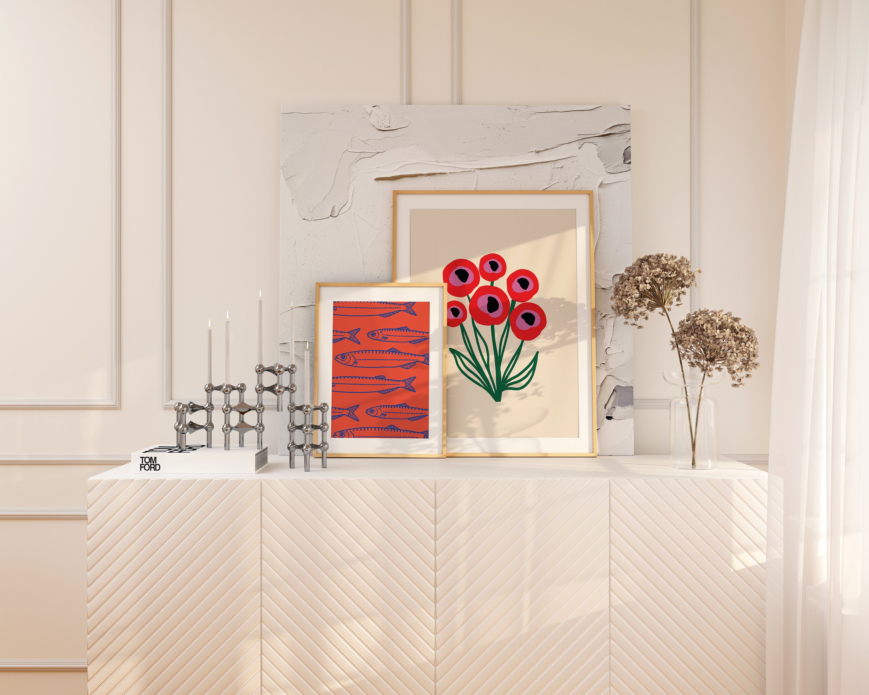 Gallery Set of 2, Food Art Print, Bar Cart Decor, Red Poster Print, Kitchen Prints, Apartment Art Prints, Floral Art, Fish Wall Prints