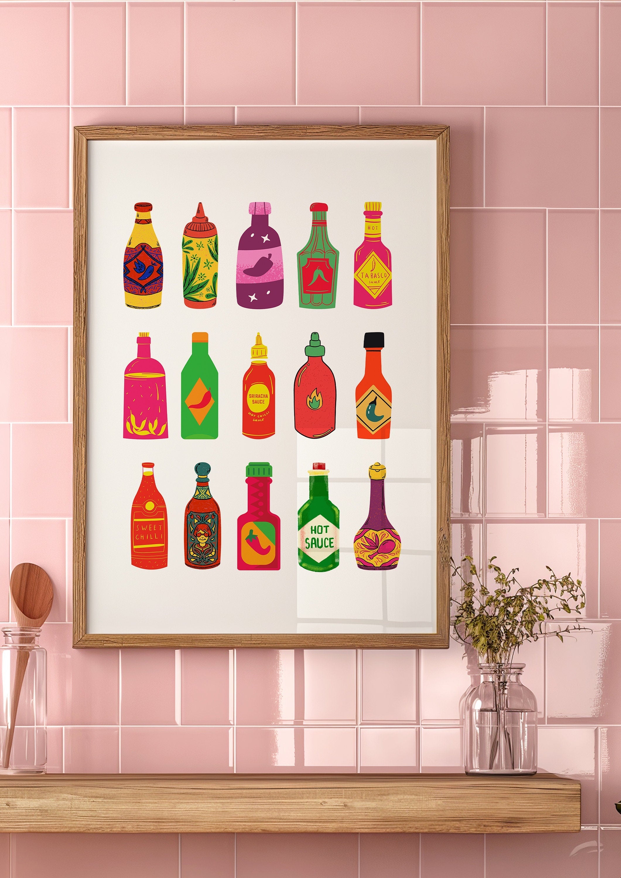 Hot Sauce Art, Digital Download,Kitchen Wall Art Print,Digital Food Art Print,Trendy Wall Art Print,Kitchen Printables, Kitchen Wall Decor
