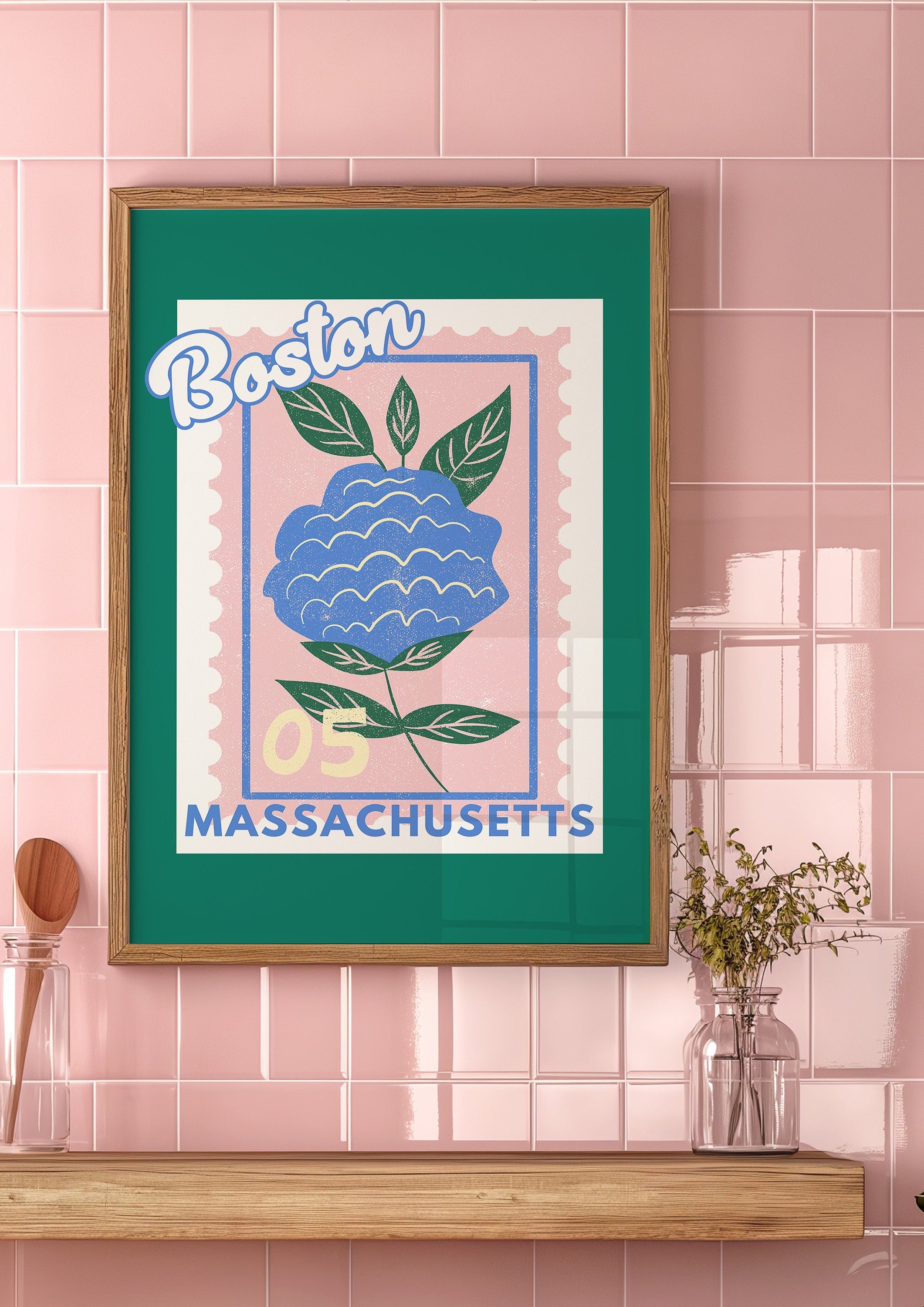 Boston Art, Digital Art Download, Colorful Boston Wall Art, Cute Trendy Art, Massachusetts Art, Mass Wall Poster, Blue Posters