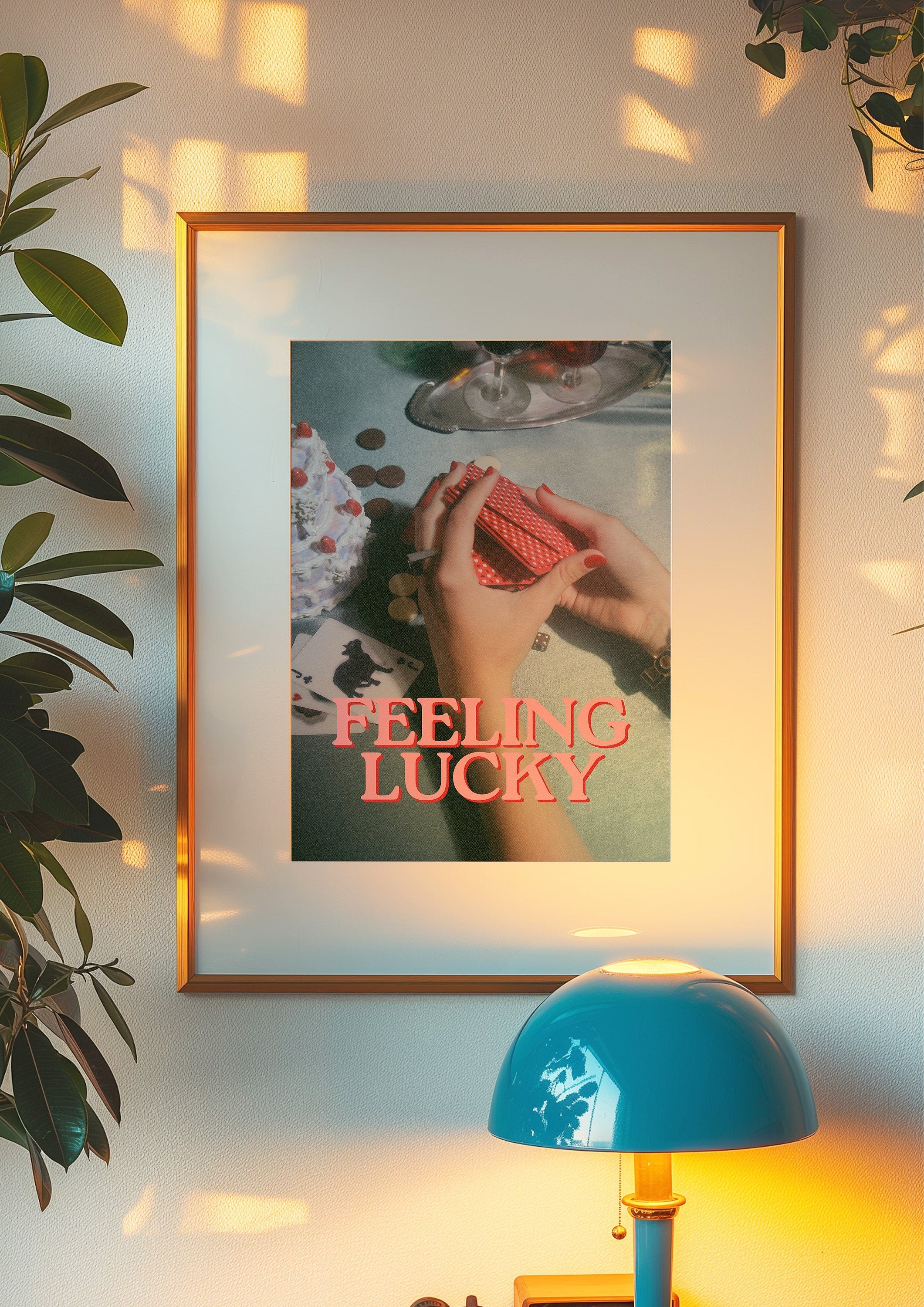 Feeling Lucky Print,Lucky Girl Quote,Retro Card Posters,Lucky Girl Syndrome Art,Trendy Wall Art,Aesthetic Print,Dorm Art,Playing Cards Art