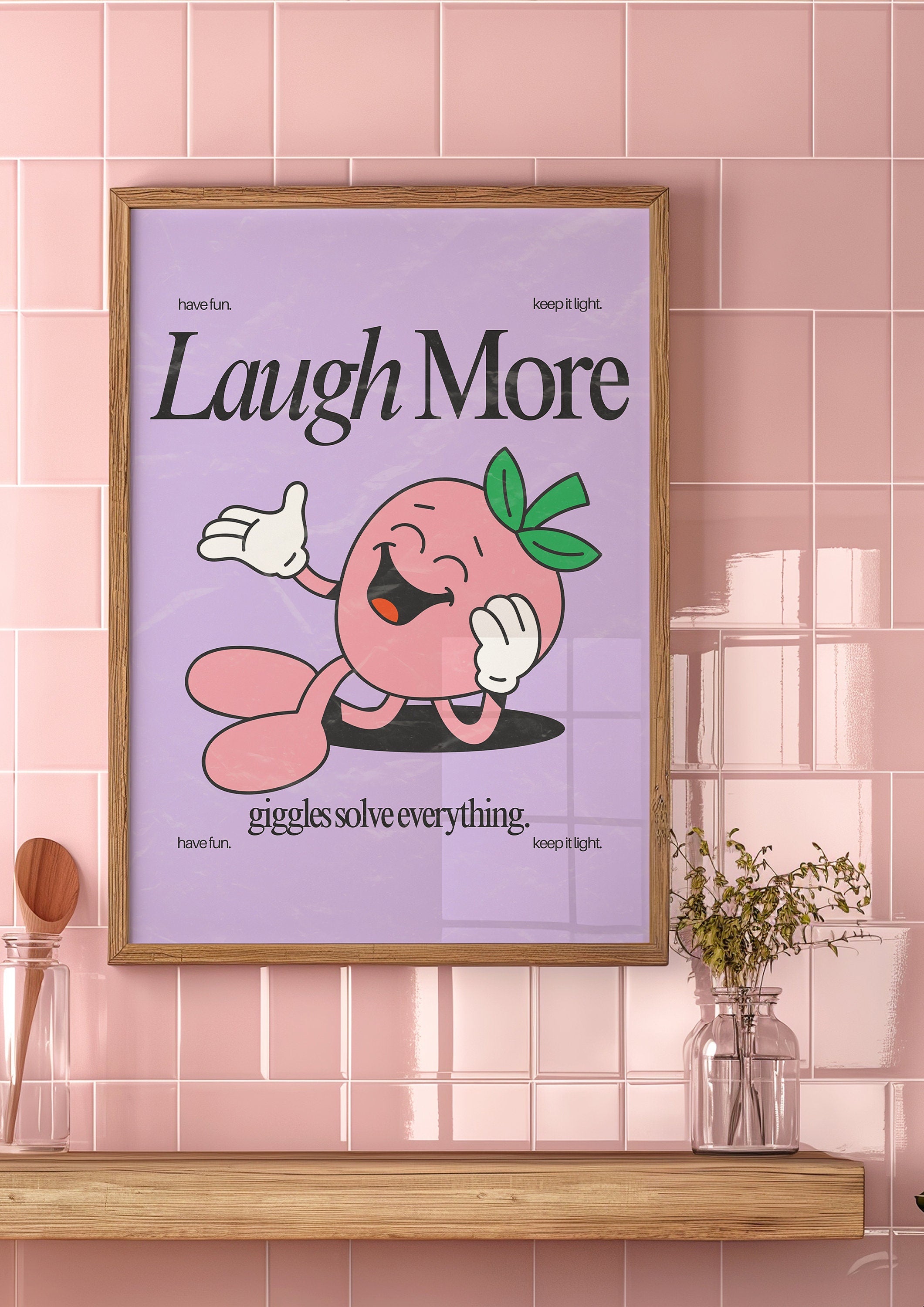 Laugh More Art, Classroom Art, Cute Retro Print, Strawberry Cartoon, Retro Mascot Print, Funky Groovy Minimal Retro Poster