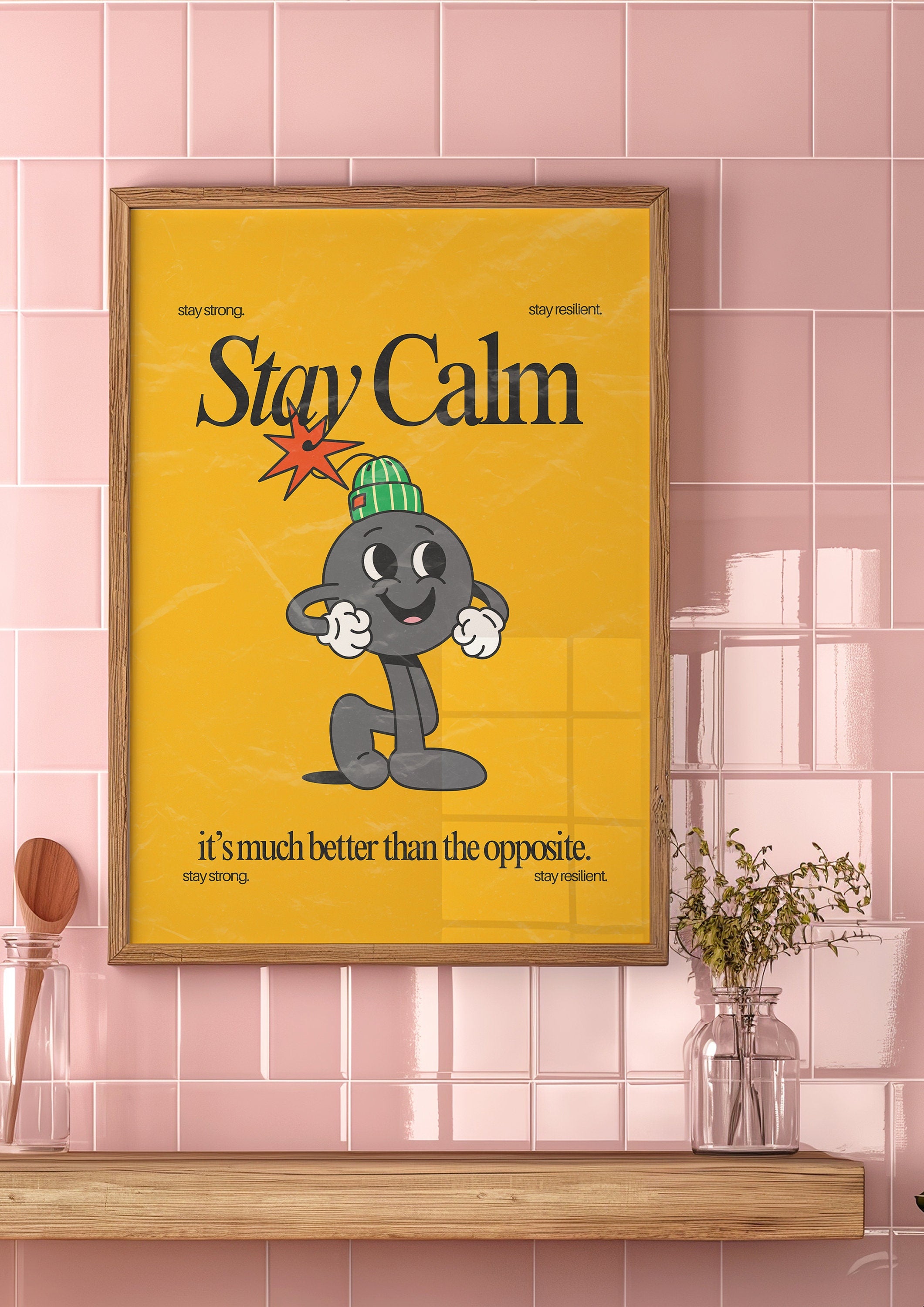 Stay Calm Art, Classroom Art, Cute Retro Print, Bomb Cartoon, Retro Mascot Print, Funky Groovy Minimal Retro Poster