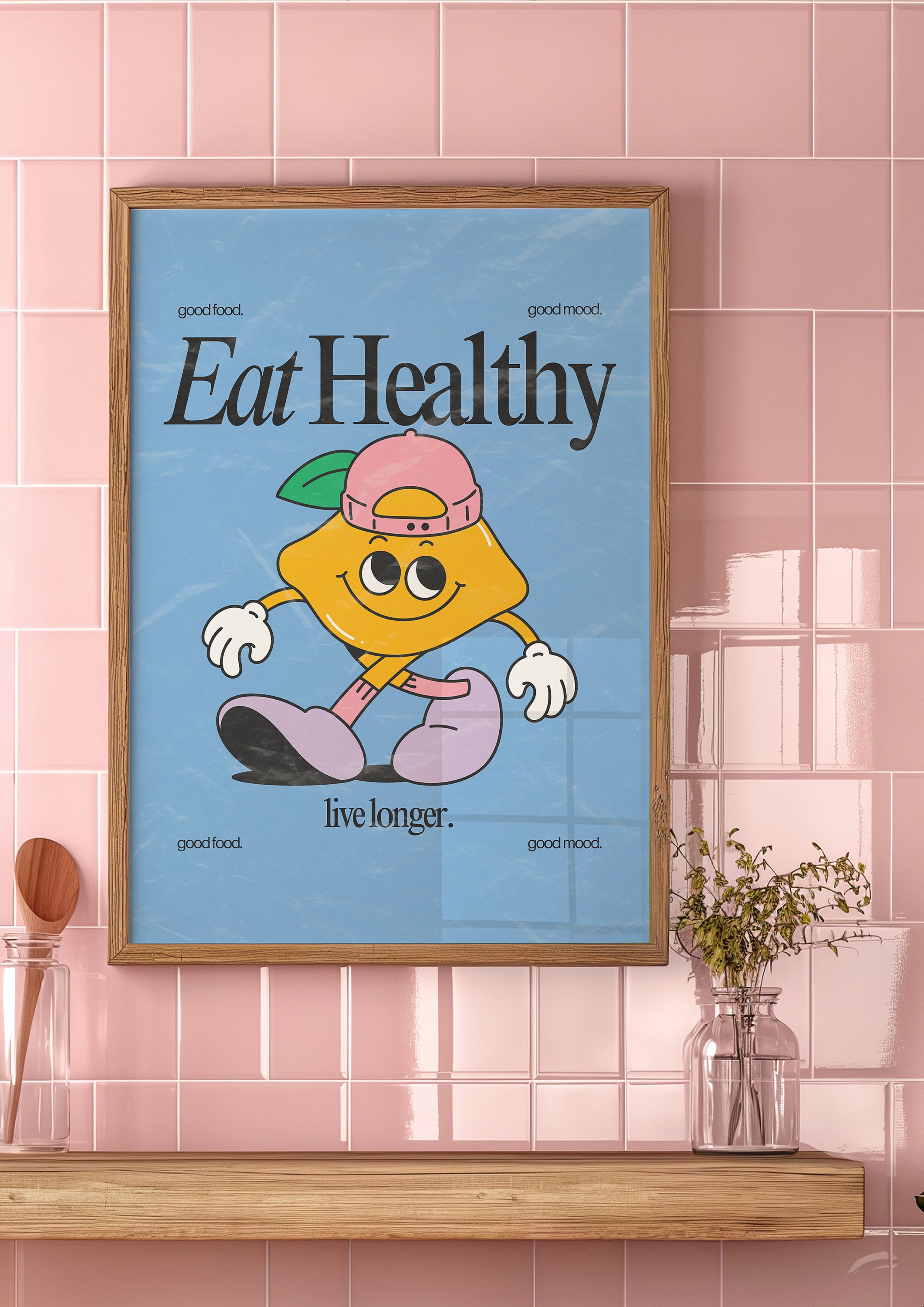 Eat Healthy Art, Classroom Art, Cute Retro Print, Lemon Cartoon, Retro Mascot Print, Funky Groovy Minimal Retro Poster