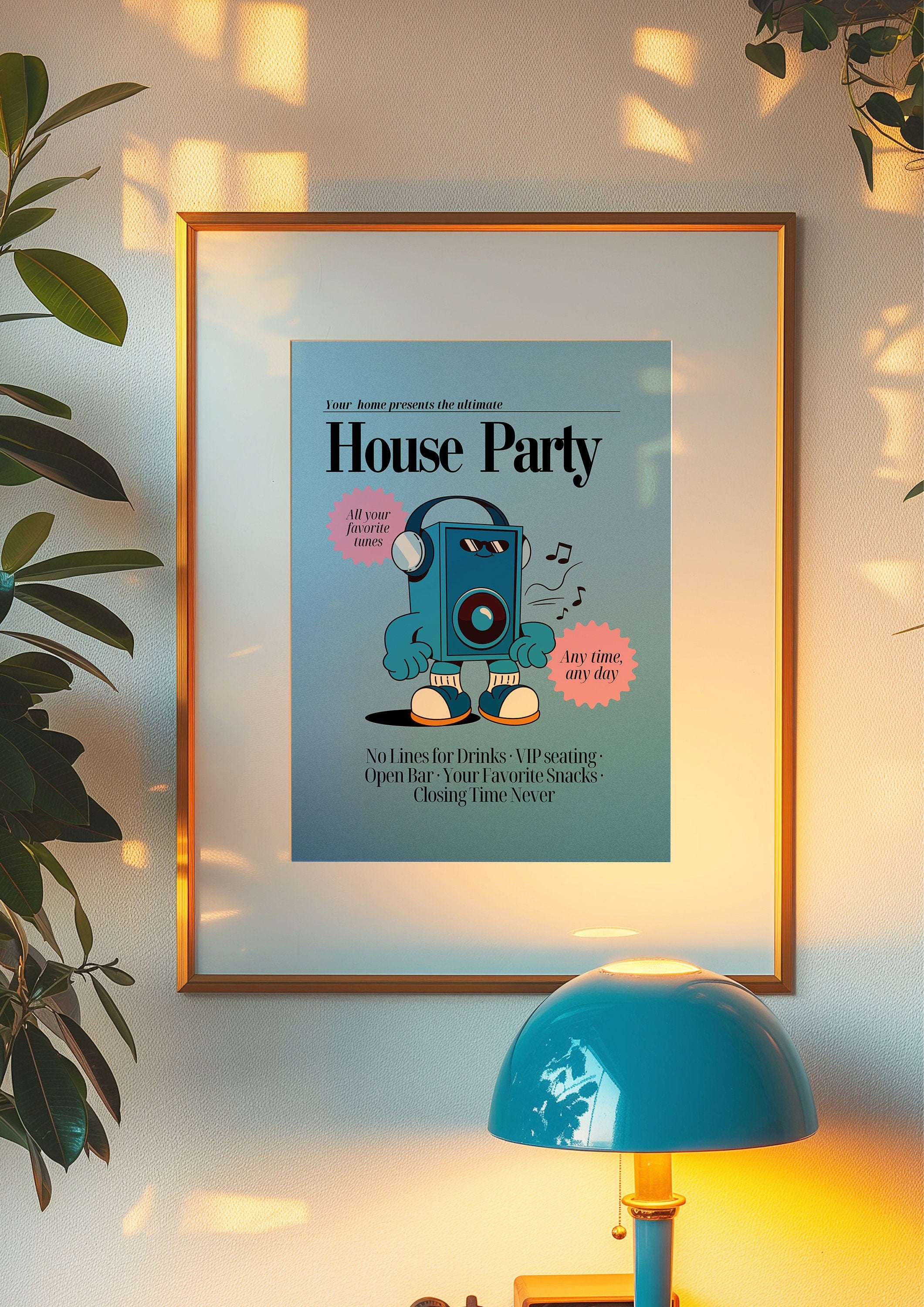 House Party, Digital Print, Blue Music Poster, Wall Art Print, Disco Art, Typographic Wall Decor, Home Decor, Blue Poster, Music Cartoon Art