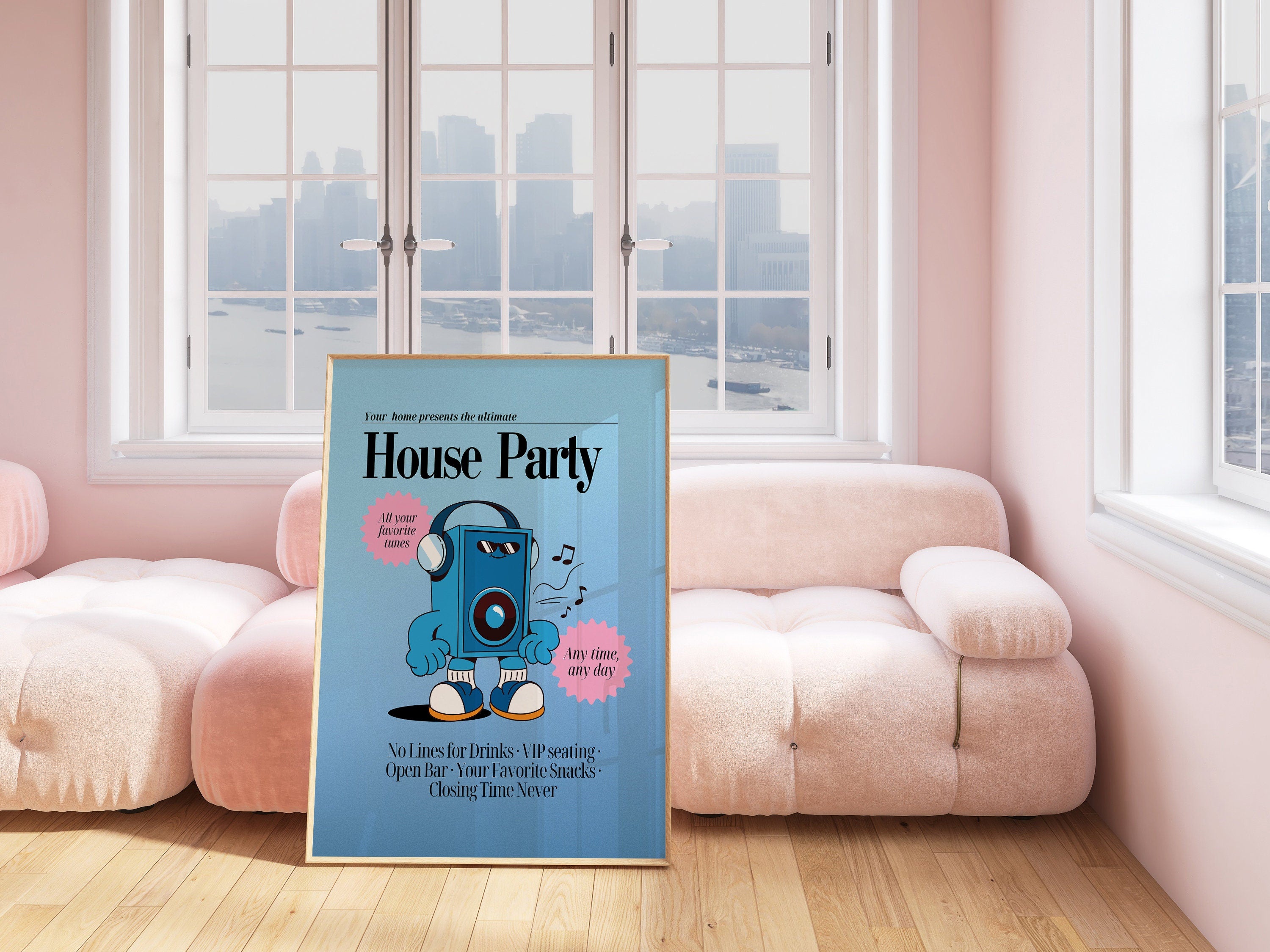 House Party, Digital Print, Blue Music Poster, Wall Art Print, Disco Art, Typographic Wall Decor, Home Decor, Blue Poster, Music Cartoon Art