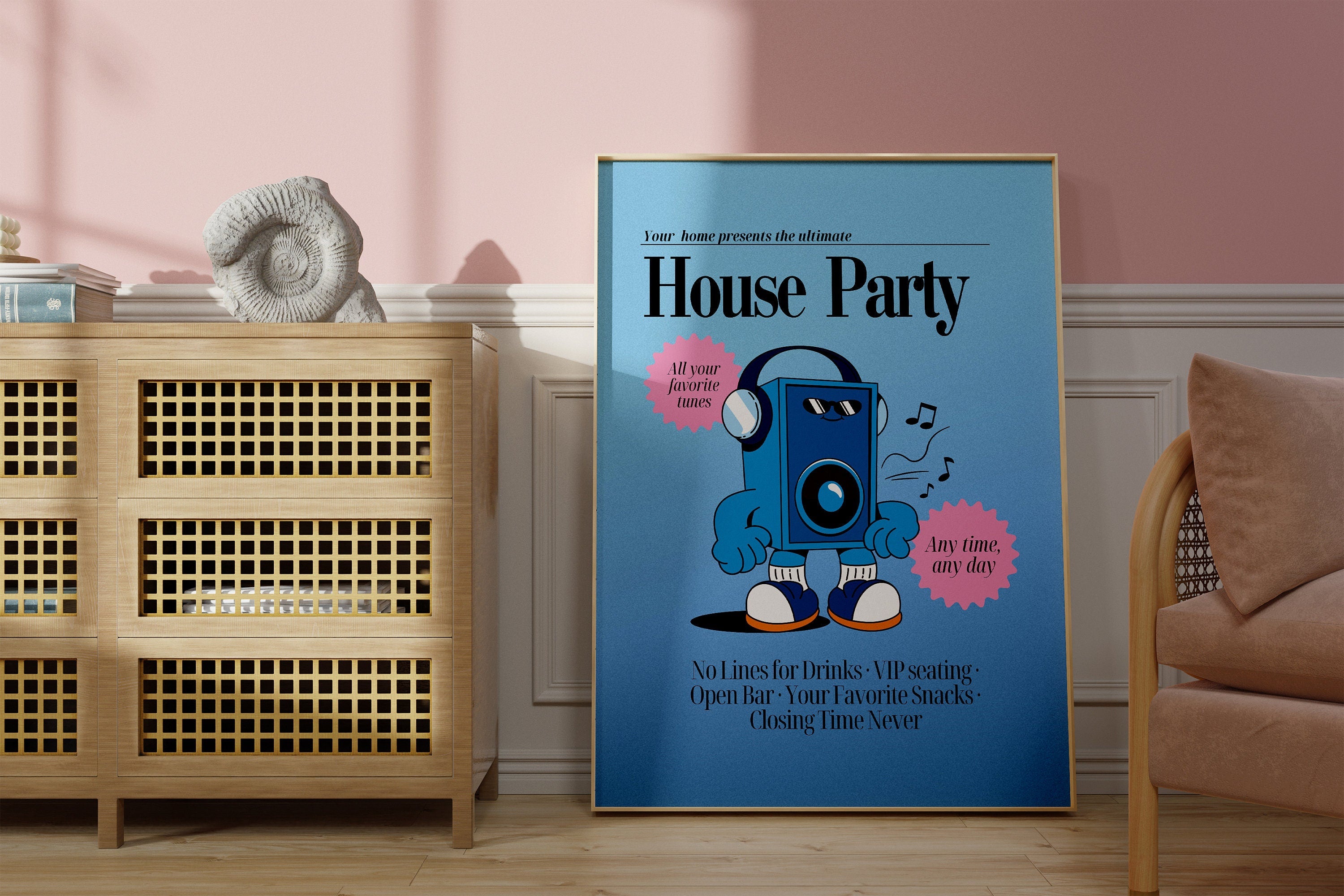 House Party, Digital Print, Blue Music Poster, Wall Art Print, Disco Art, Typographic Wall Decor, Home Decor, Blue Poster, Music Cartoon Art