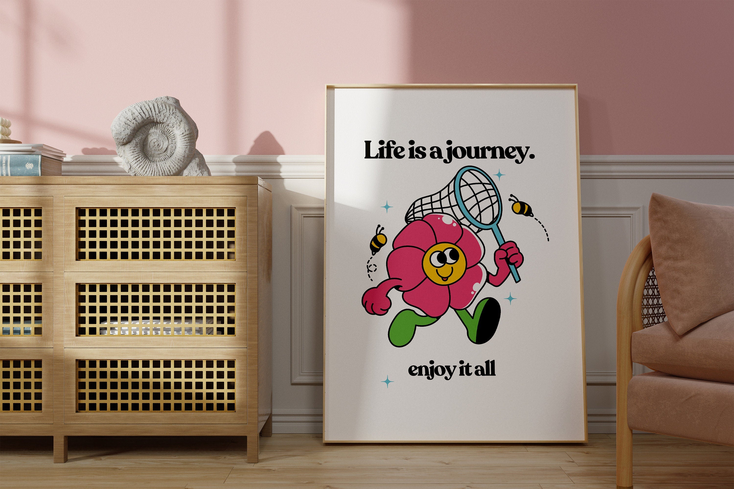 Life Is a Journey, Classroom Art, Cute Retro Print, Flower Cartoon, Retro Mascot Print, Funky Groovy Minimal Retro Poster