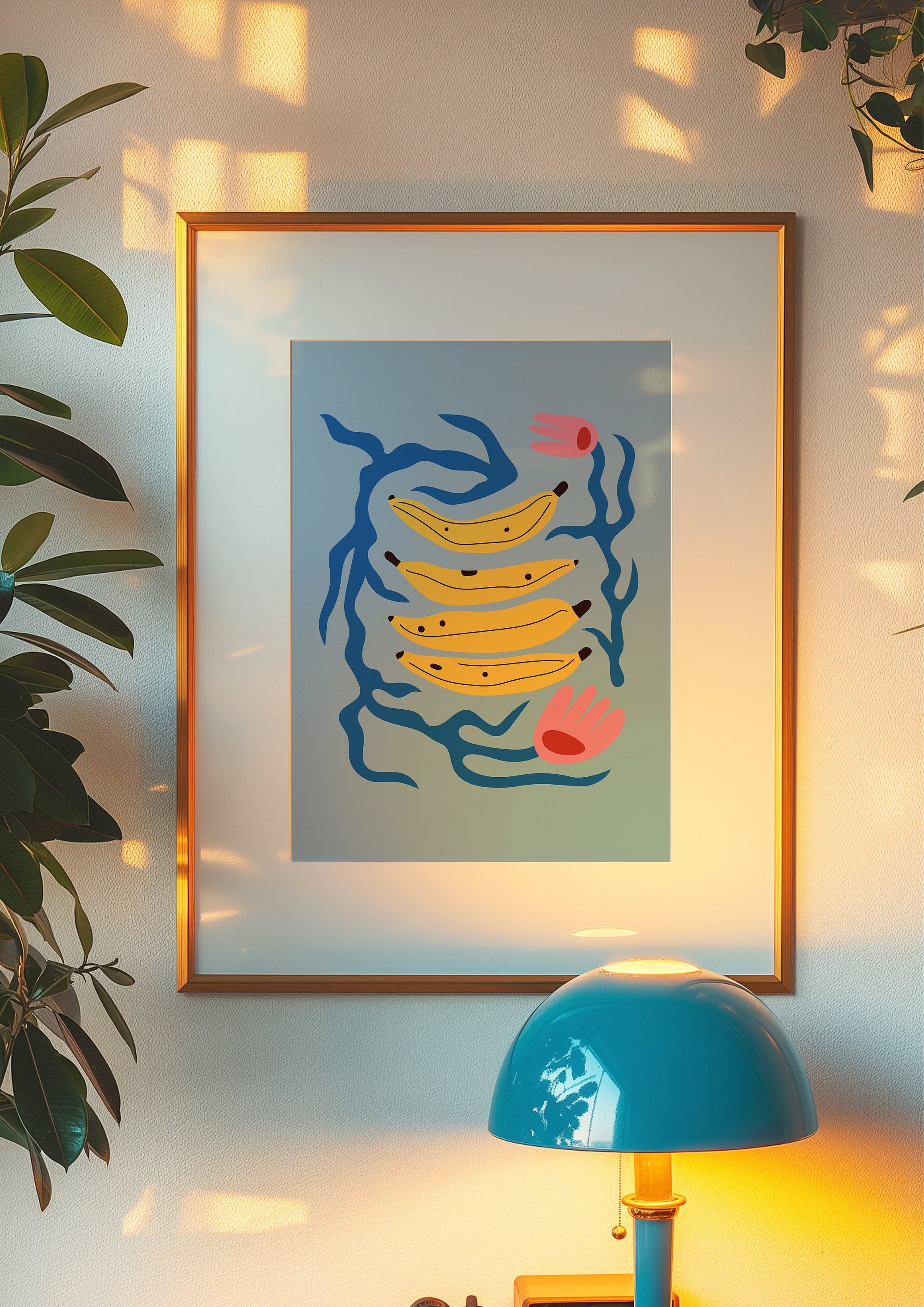 Blue Poster Print, Banana Wall Art, Trendy Wall Art, Abstract Kitchen Decor, Maximalist Decor, Printable Boho Wall Art, Boho Decor