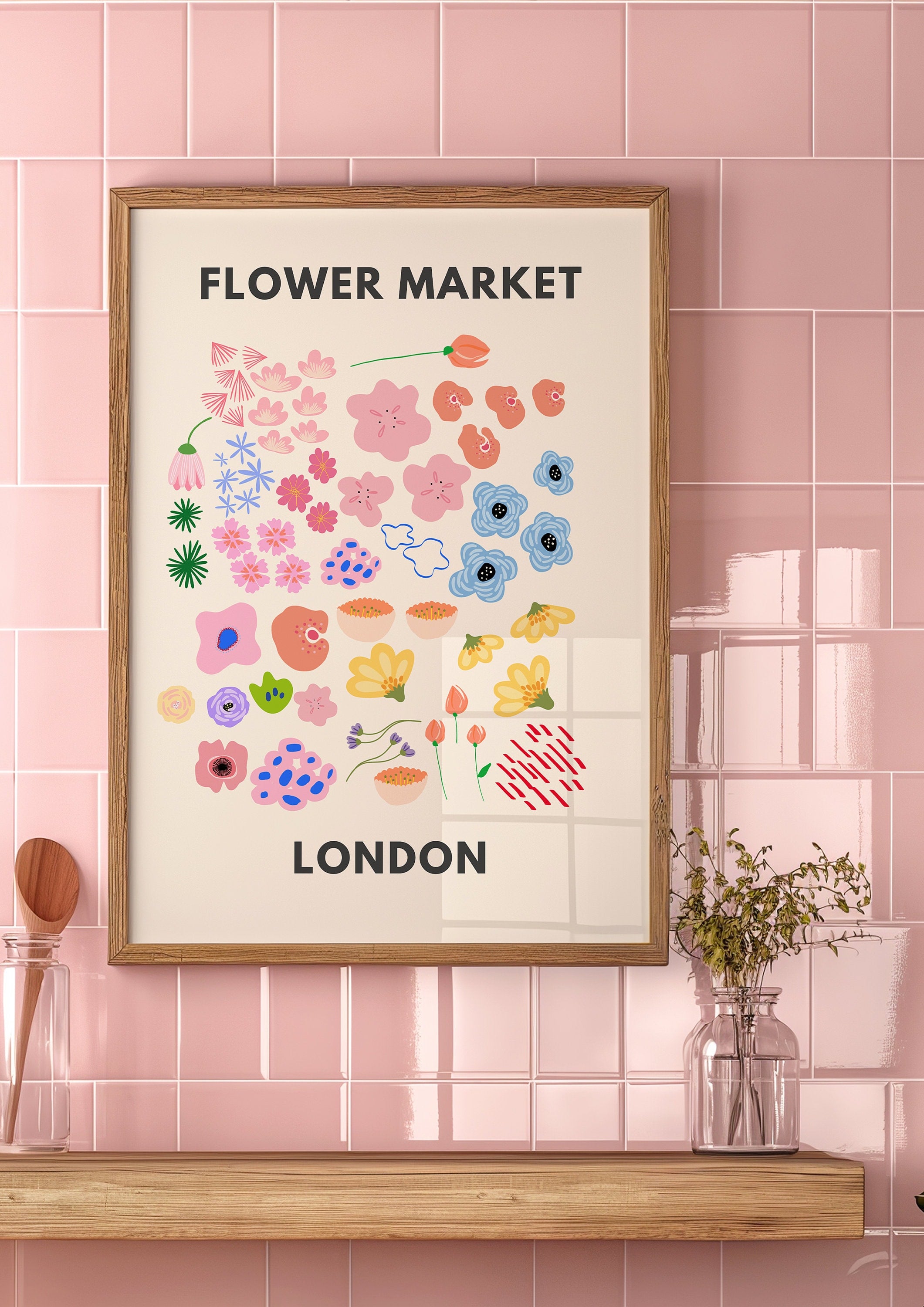 London Flower Market, Pastel Room Decor, Boho Printable Art, Pink and Green, Danish Pastel Decor, Dorm Room Wall Art, Abstract Botanical