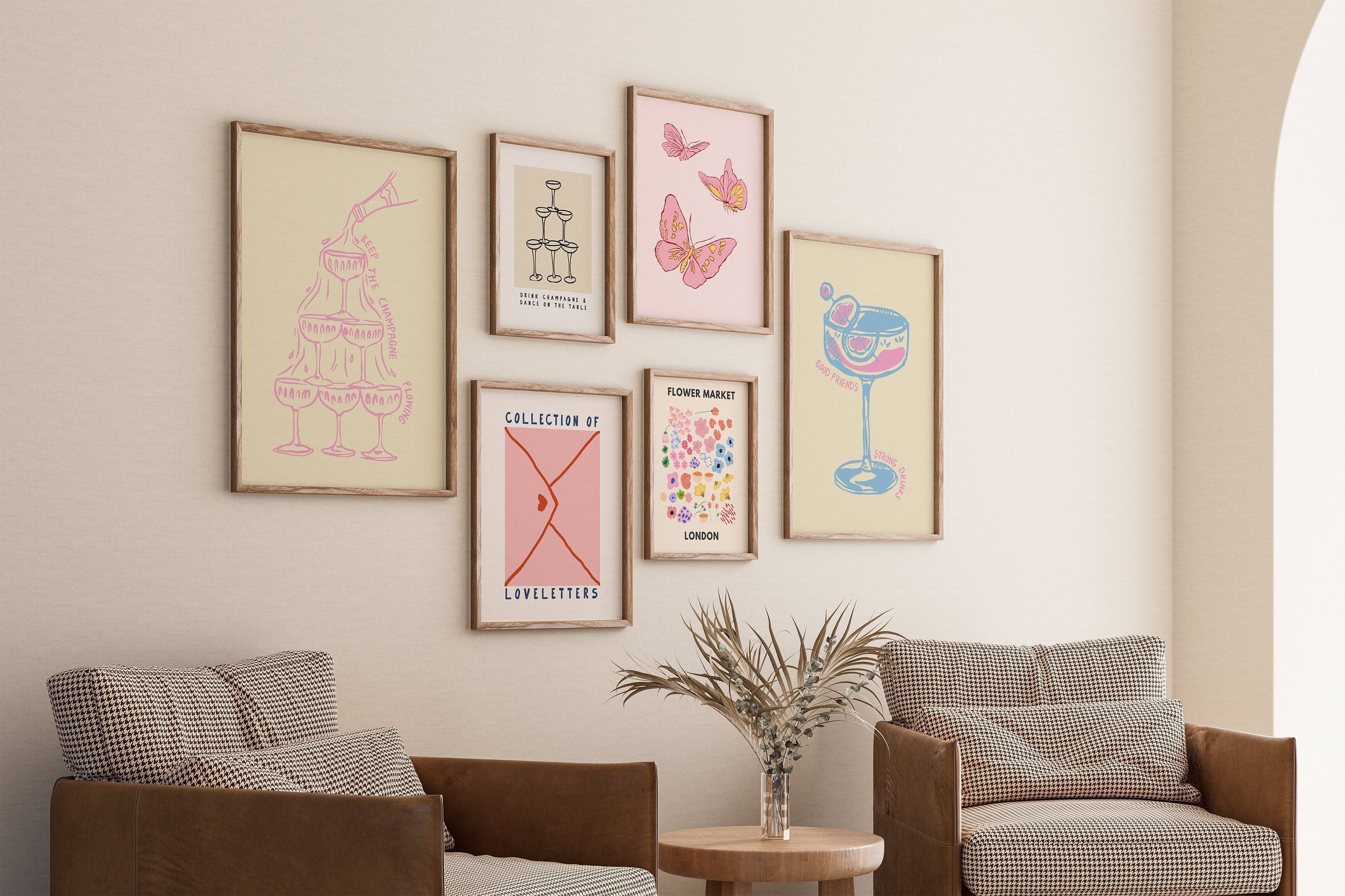 Pink Print Set, Gallery Wall Set, Pink Bar Cart Art, Bedroom Prints, Trendy Wall Art, Downloadable Art, Set of 6 Art Prints