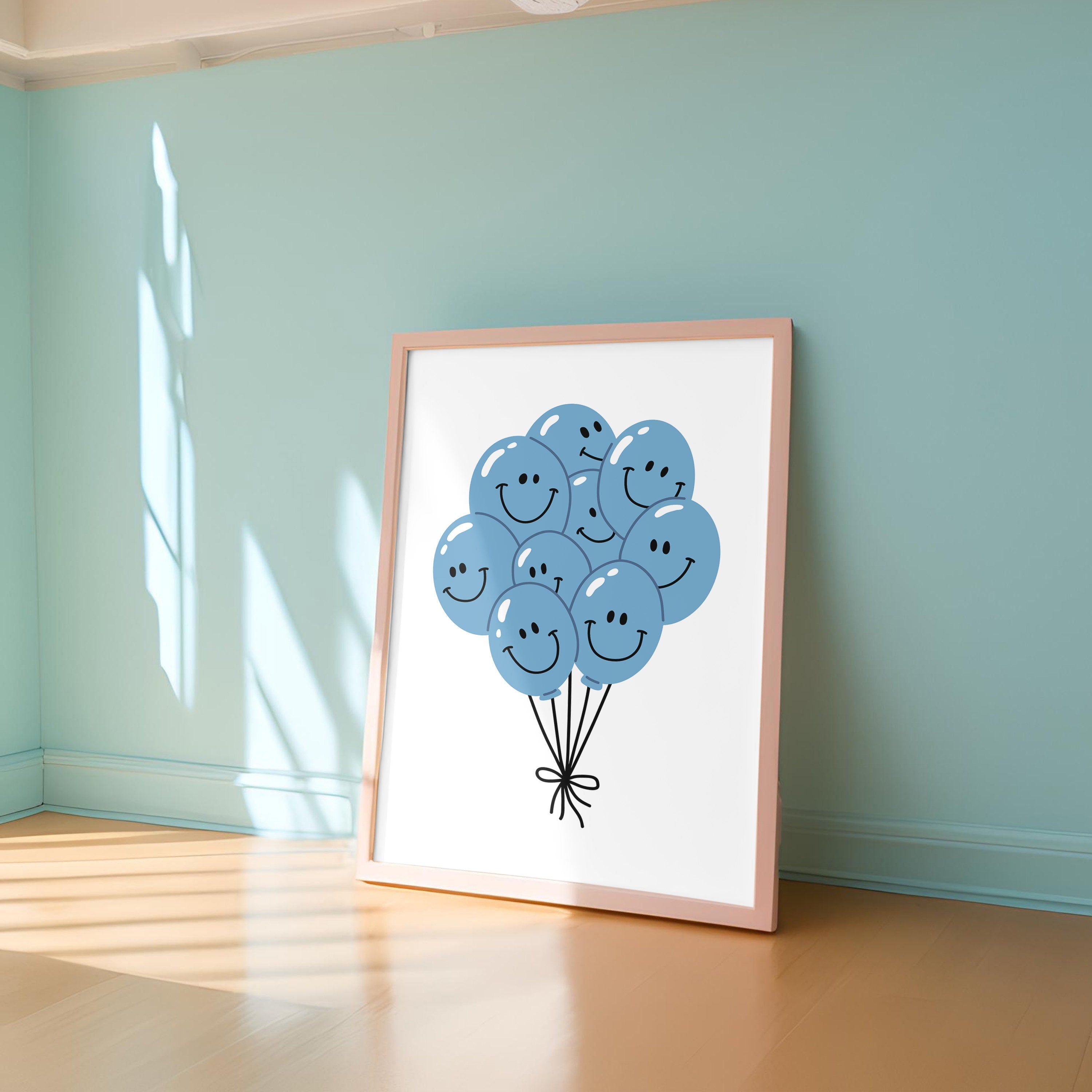 Balloon Art Print-Digital Download-Wall Print-Retro Art-Floral Art-Kids Room Decor-70s Flowers-Downloadable Art-Smiley Art Print-Dorm Decor