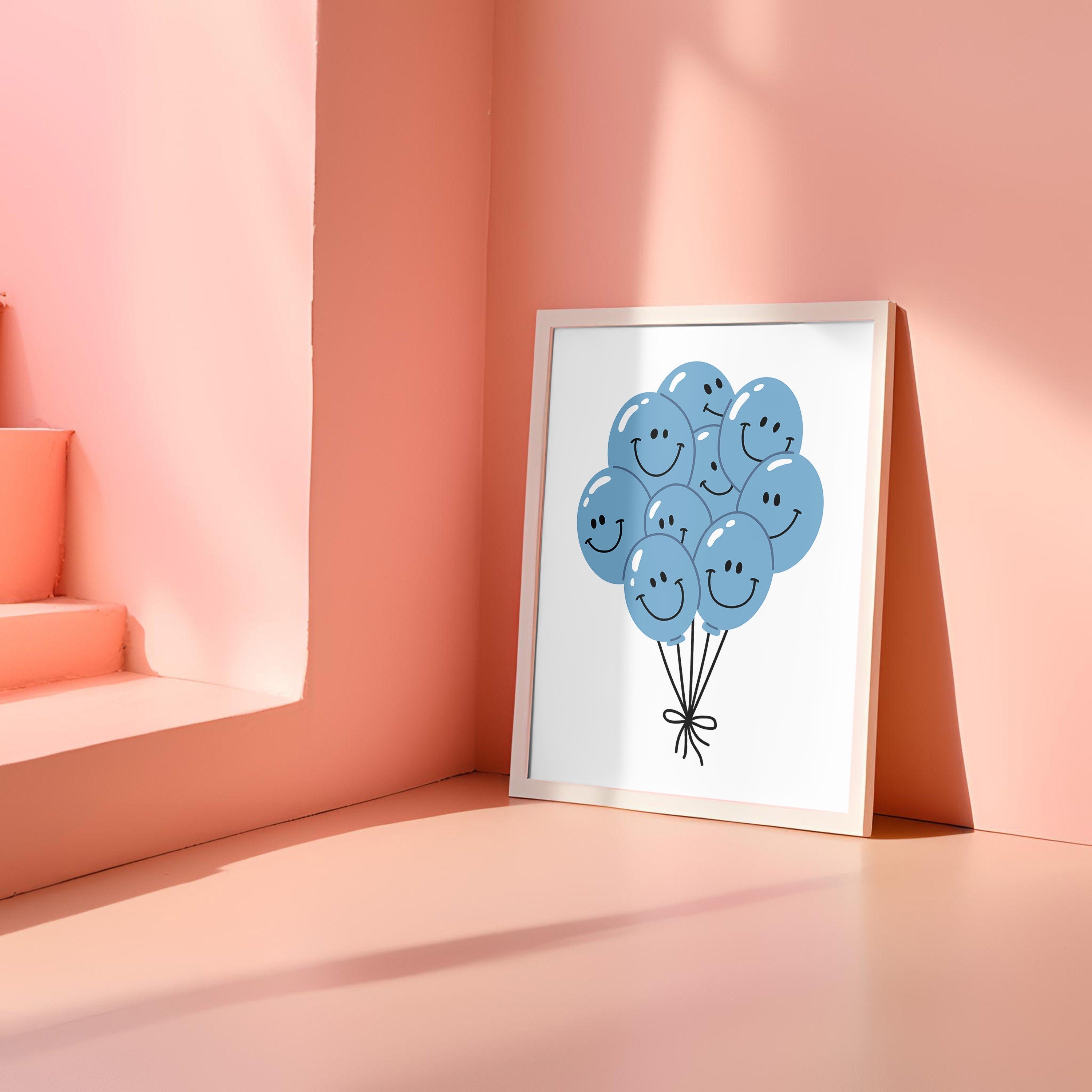 Balloon Art Print-Digital Download-Wall Print-Retro Art-Floral Art-Kids Room Decor-70s Flowers-Downloadable Art-Smiley Art Print-Dorm Decor