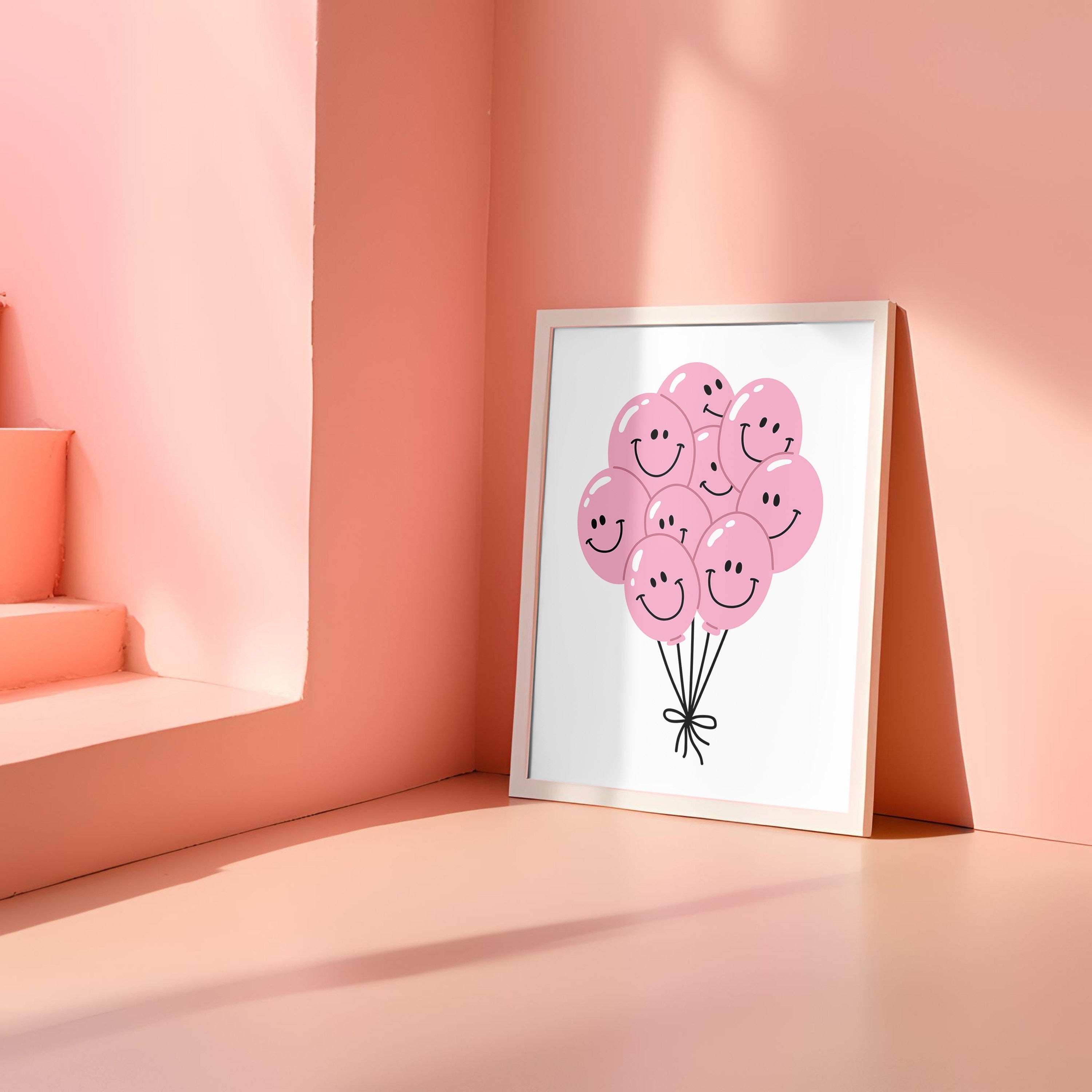 Balloon Art Print-Digital Download-Wall Print-Retro Art-Floral Art-Kids Room Decor-70s Flowers-Downloadable Art-Smiley Art Print-Dorm Decor