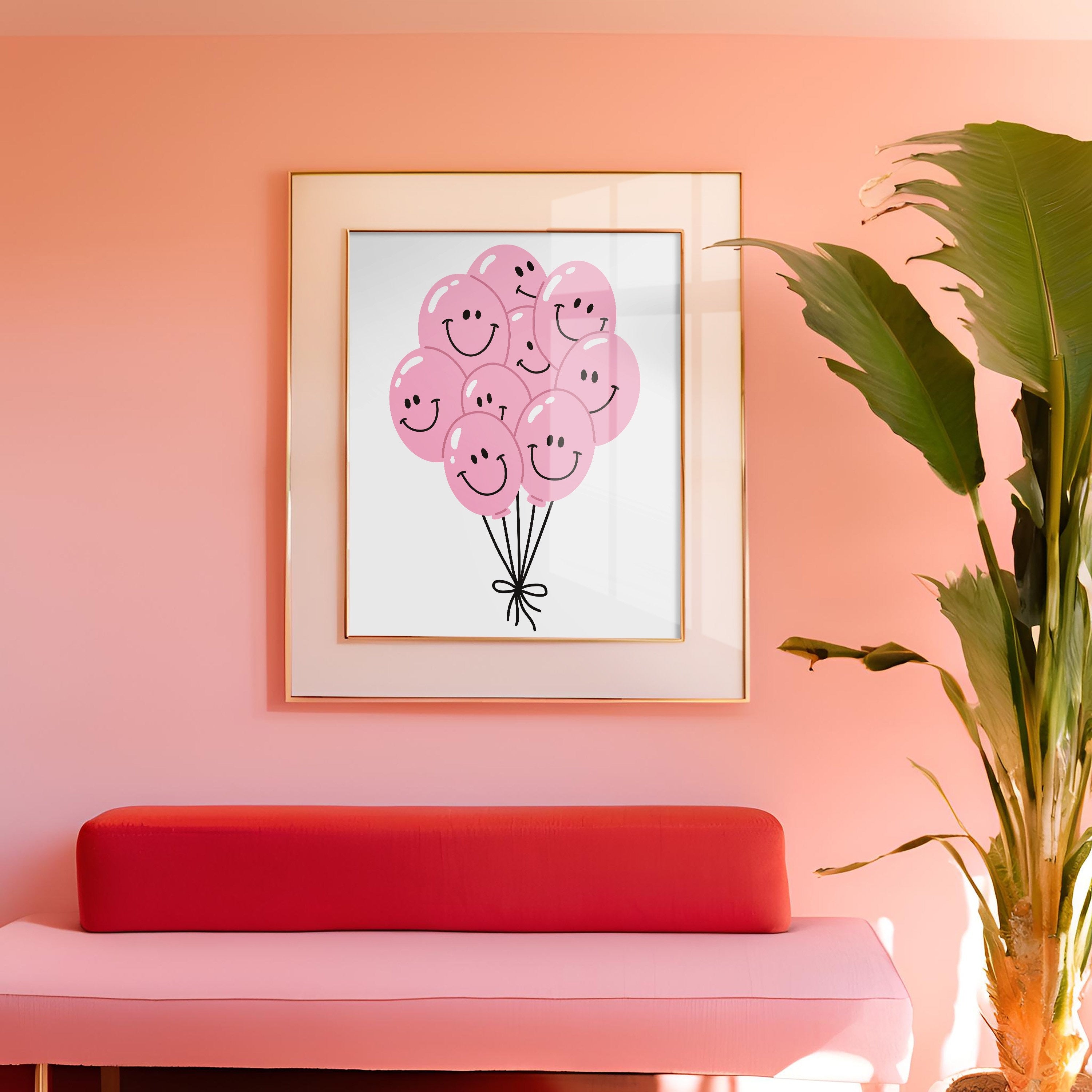 Balloon Art Print-Digital Download-Wall Print-Retro Art-Floral Art-Kids Room Decor-70s Flowers-Downloadable Art-Smiley Art Print-Dorm Decor