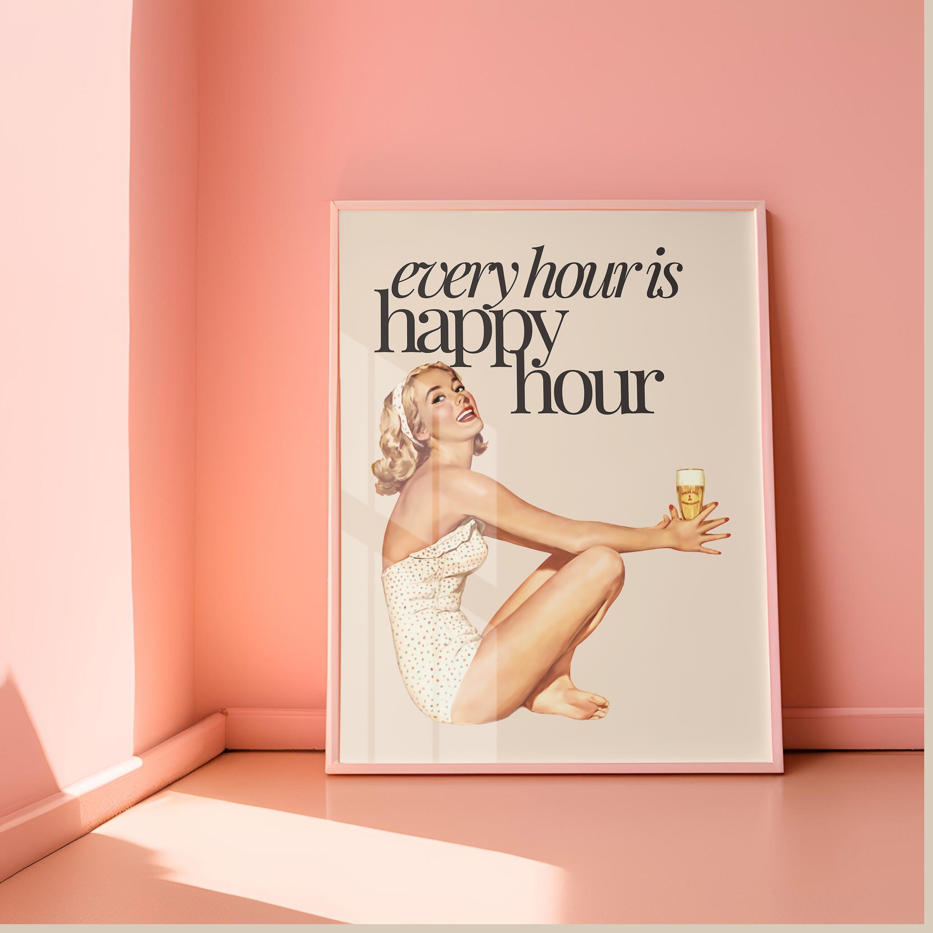 Happy Hour Art Print, Retro Wall Art, Typography Prints, Happy Hour Posters, Vintage Art, Cocktail Art Prints, Funky Art