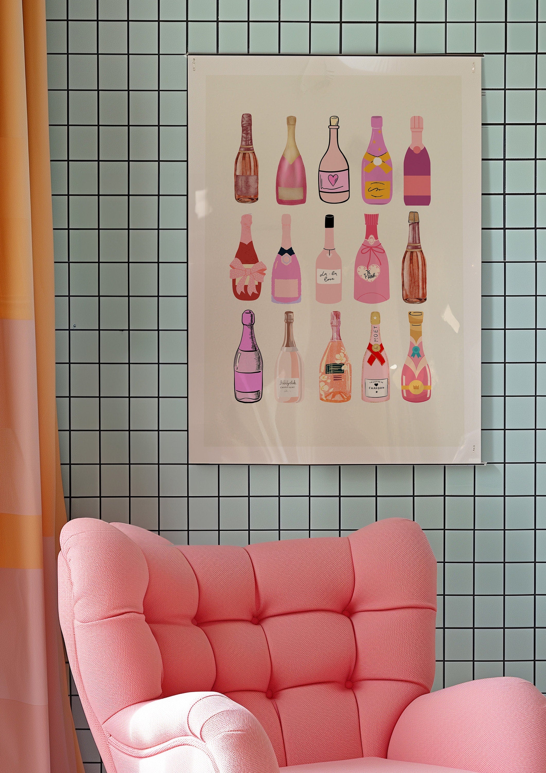 Retro Champagne Poster, Wall Print, Digital Download, Preppy Pink Prints, Barbie Doll Art, Vintage Doll Art, Y2K Aesthetic, Girly Bar Art