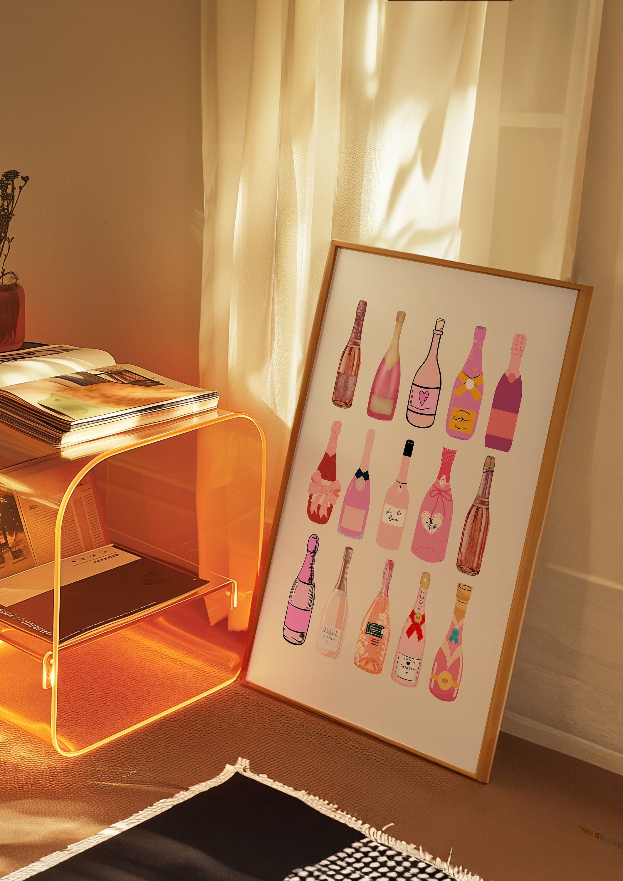Retro Champagne Poster, Wall Print, Digital Download, Preppy Pink Prints, Barbie Doll Art, Vintage Doll Art, Y2K Aesthetic, Girly Bar Art
