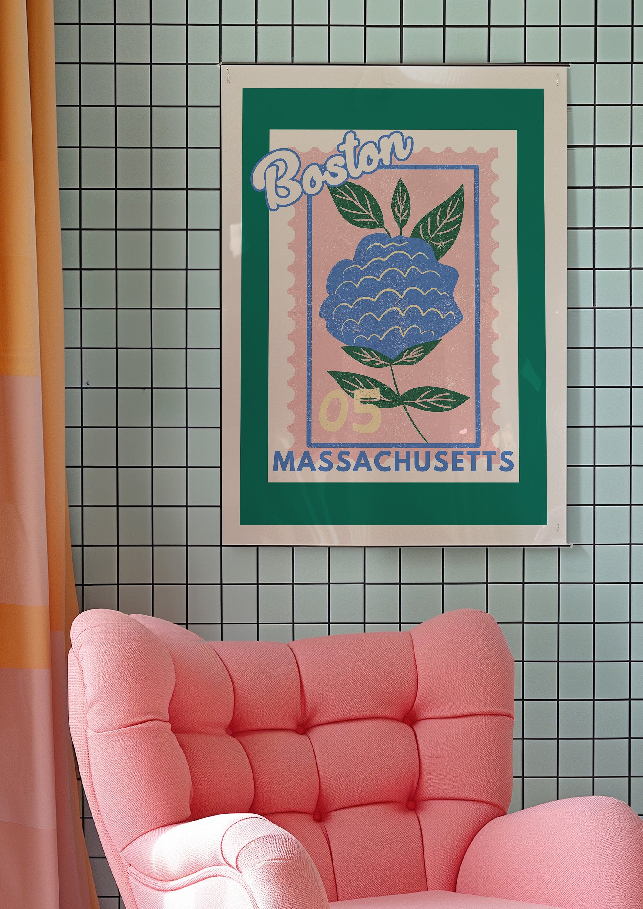 Boston Art, Digital Art Download, Colorful Boston Wall Art, Cute Trendy Art, Massachusetts Art, Mass Wall Poster, Blue Posters