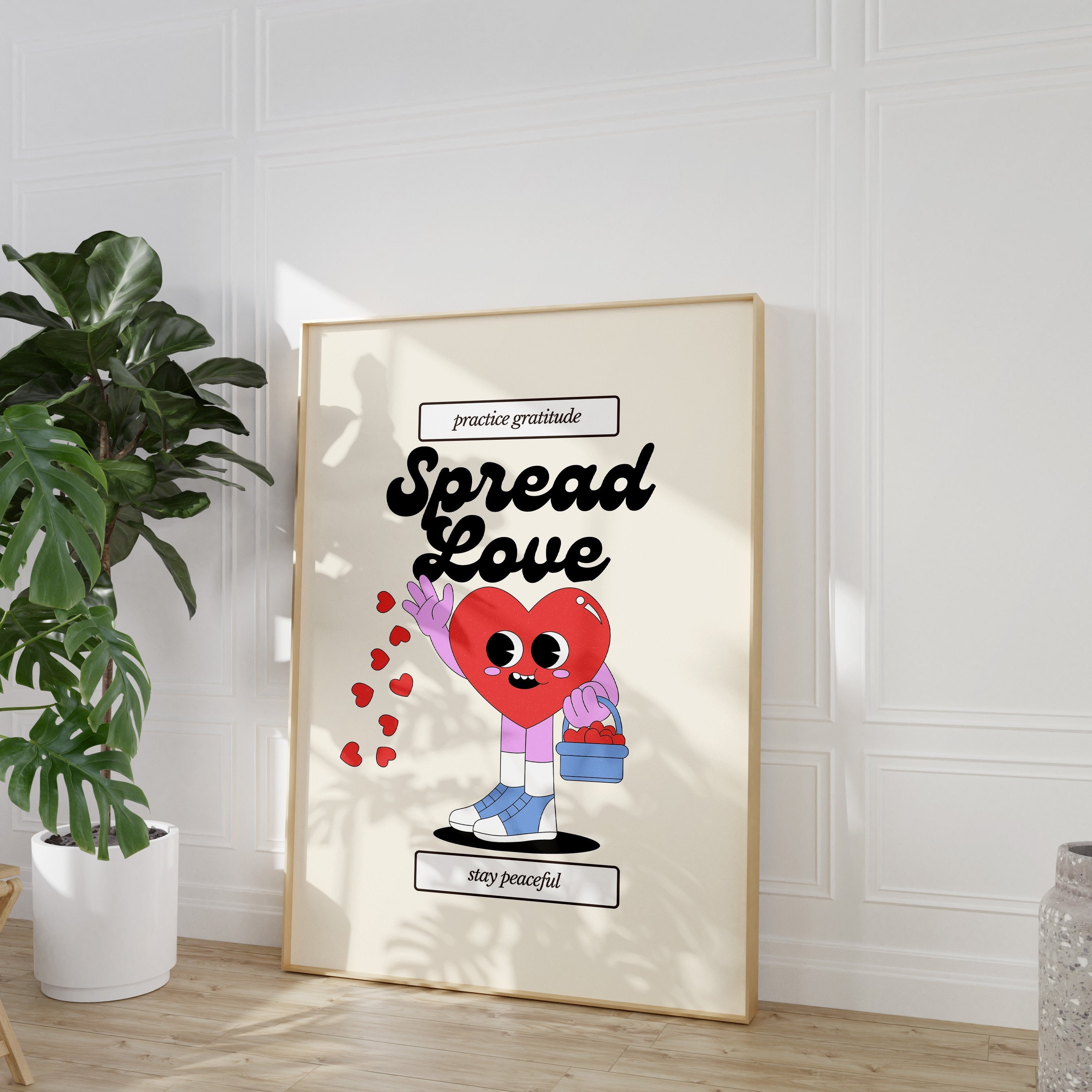 Spread Love-Digital Download-Oversized Wall Art-Downloadable Print-Heart Art Print-Retro Character Art-Trendy Posters-Vintage Mascot Art