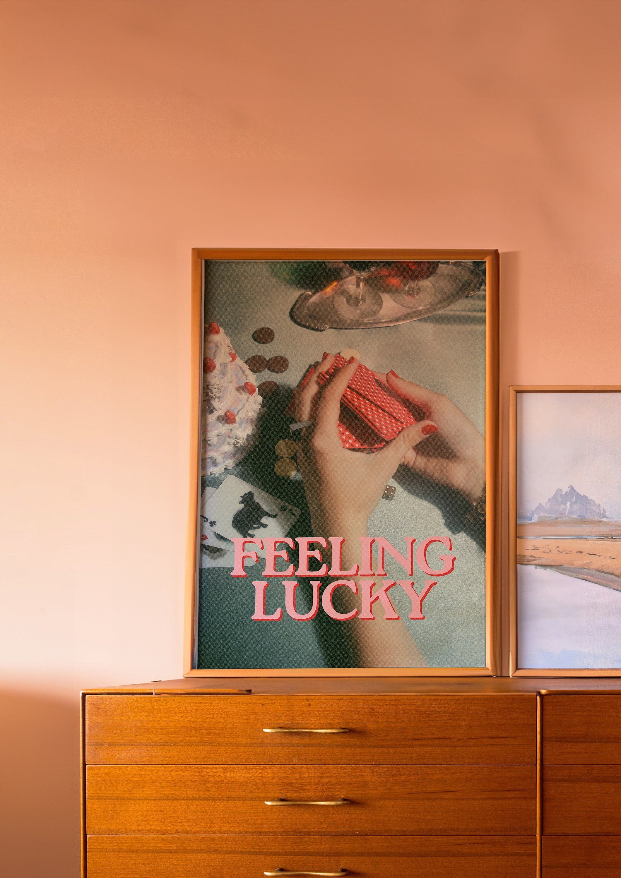 Feeling Lucky Print,Lucky Girl Quote,Retro Card Posters,Lucky Girl Syndrome Art,Trendy Wall Art,Aesthetic Print,Dorm Art,Playing Cards Art