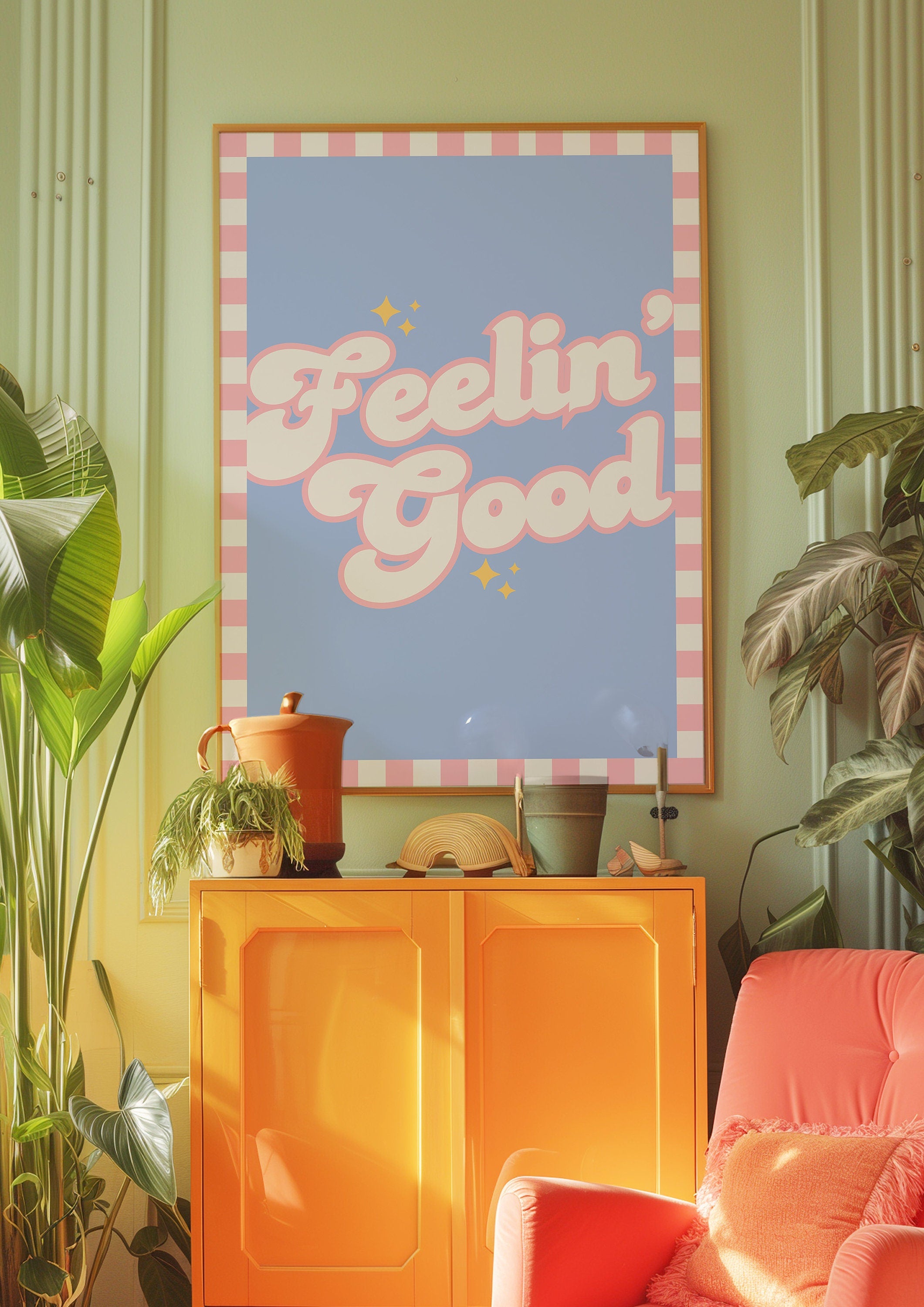 Feeling Good Print, Blue Wall Art, Retro Typography Poster, Pink and Blue Art, GS Print Shoppe, Digital Download