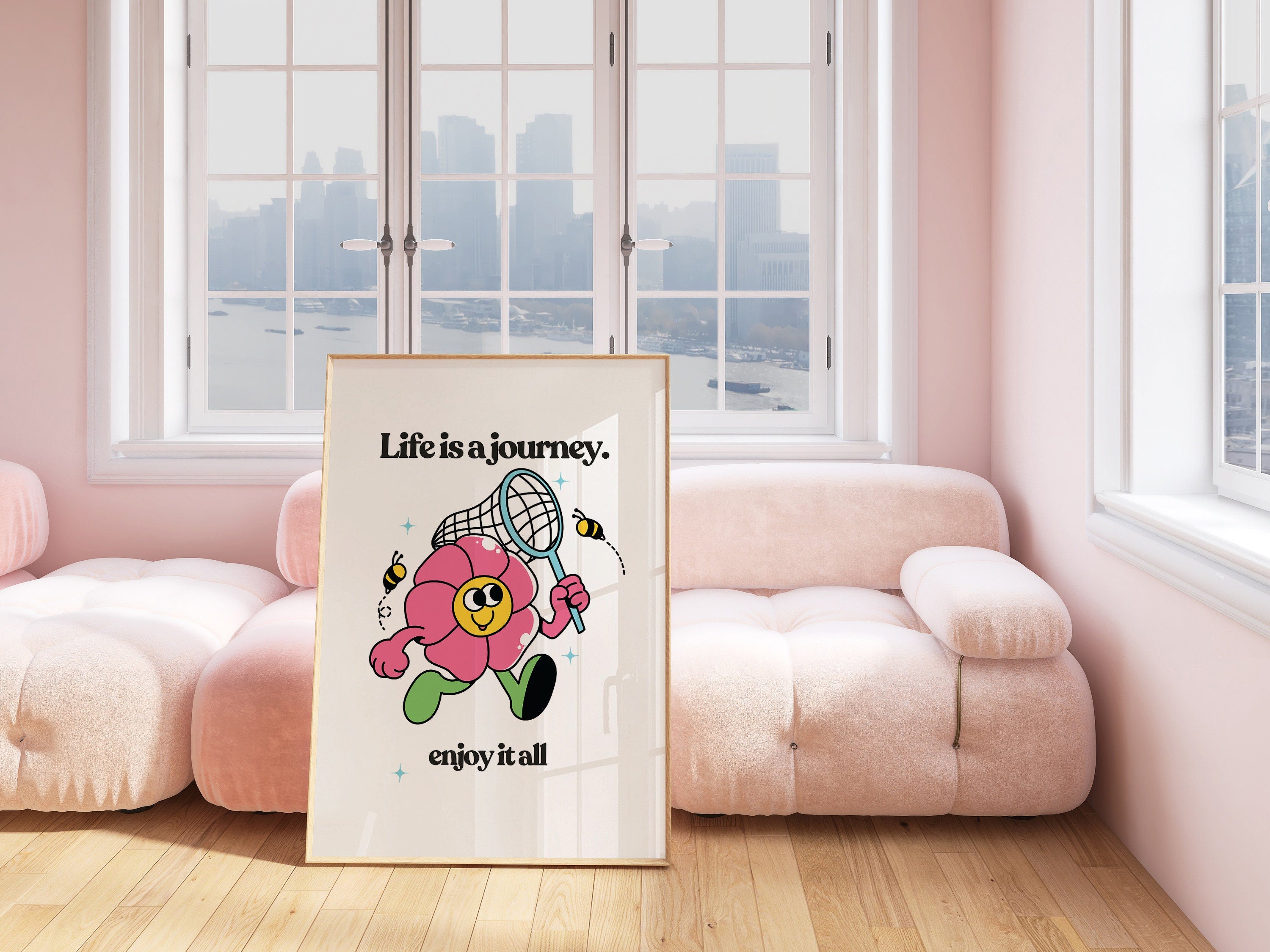 Life Is a Journey, Classroom Art, Cute Retro Print, Flower Cartoon, Retro Mascot Print, Funky Groovy Minimal Retro Poster