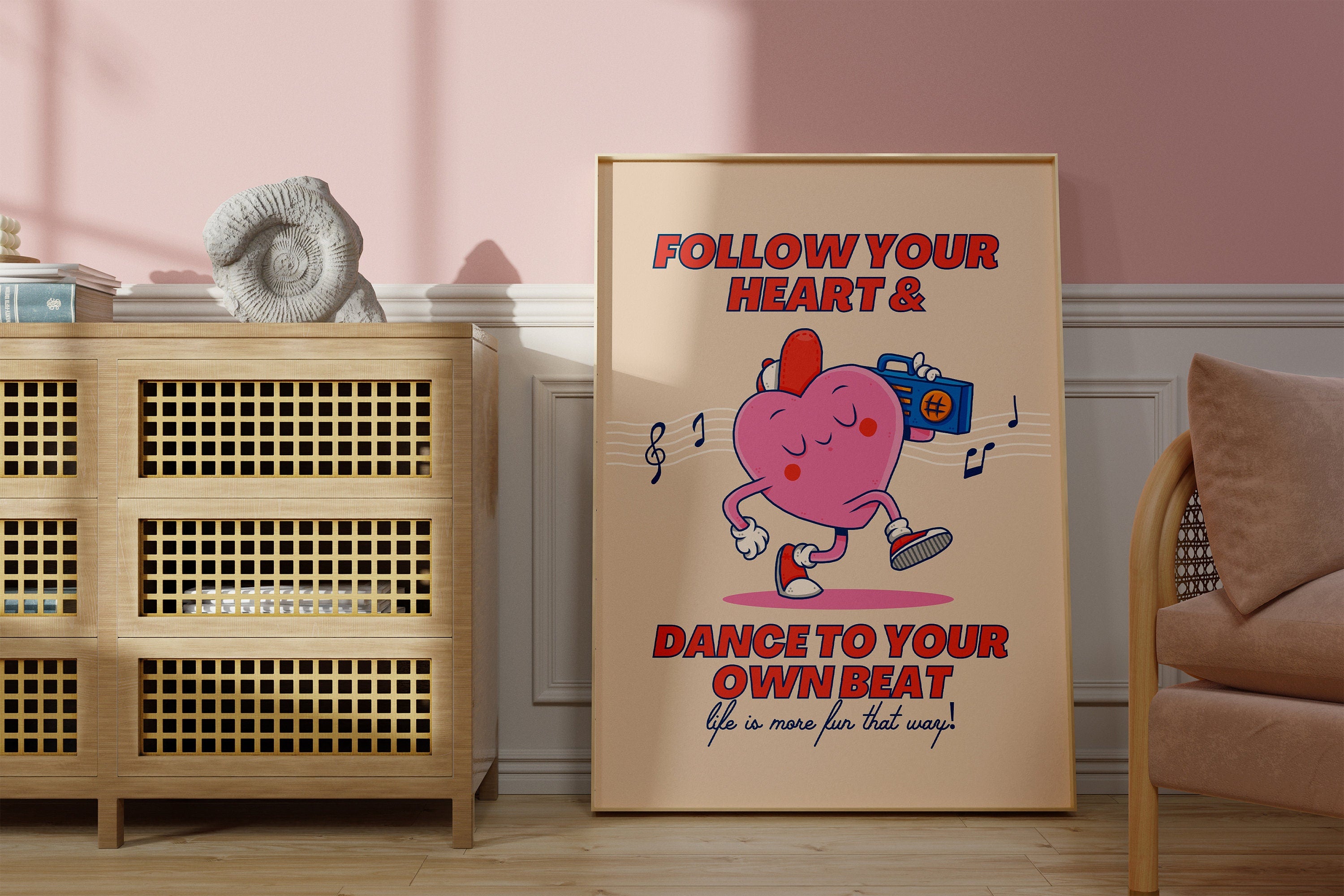 Dance to your own beat, Classroom Art, Cute Retro Print, Boombox Cartoon, Retro Mascot Print, Funky Music Minimal Retro Poster