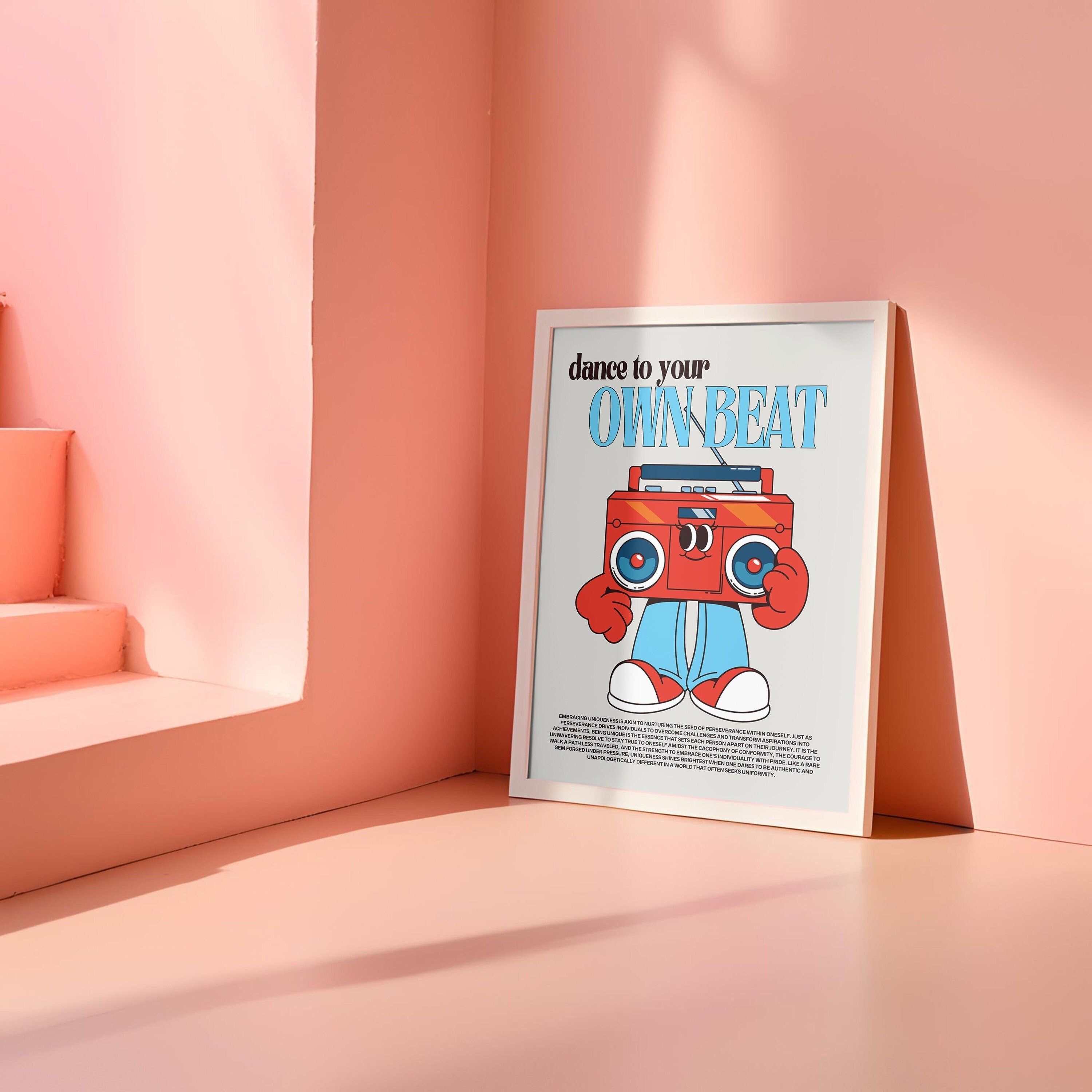 Dance to your own beat, Classroom Art, Cute Retro Print, Boombox Cartoon, Retro Mascot Print, Funky Music Minimal Retro Poster