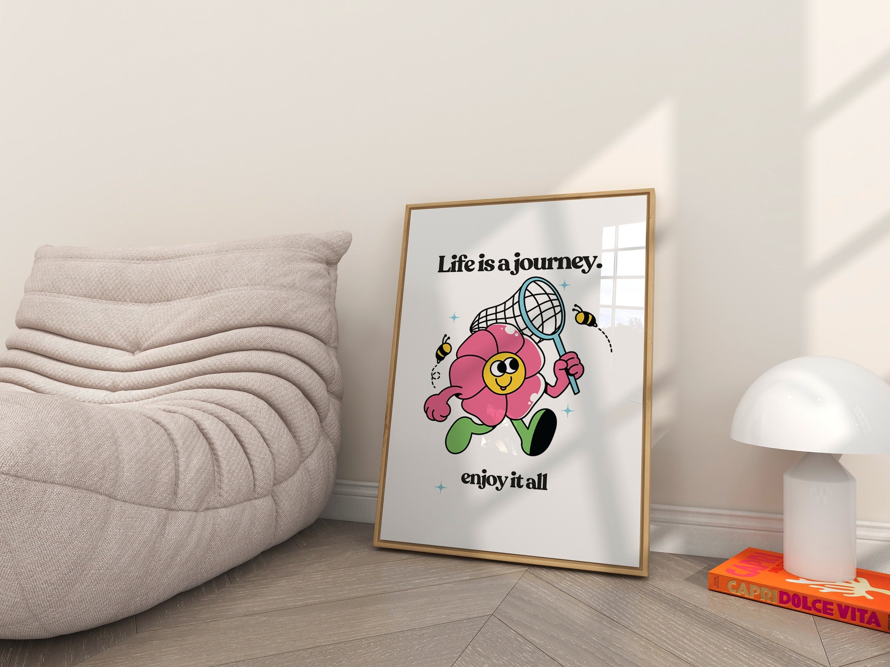 Life Is a Journey, Classroom Art, Cute Retro Print, Flower Cartoon, Retro Mascot Print, Funky Groovy Minimal Retro Poster