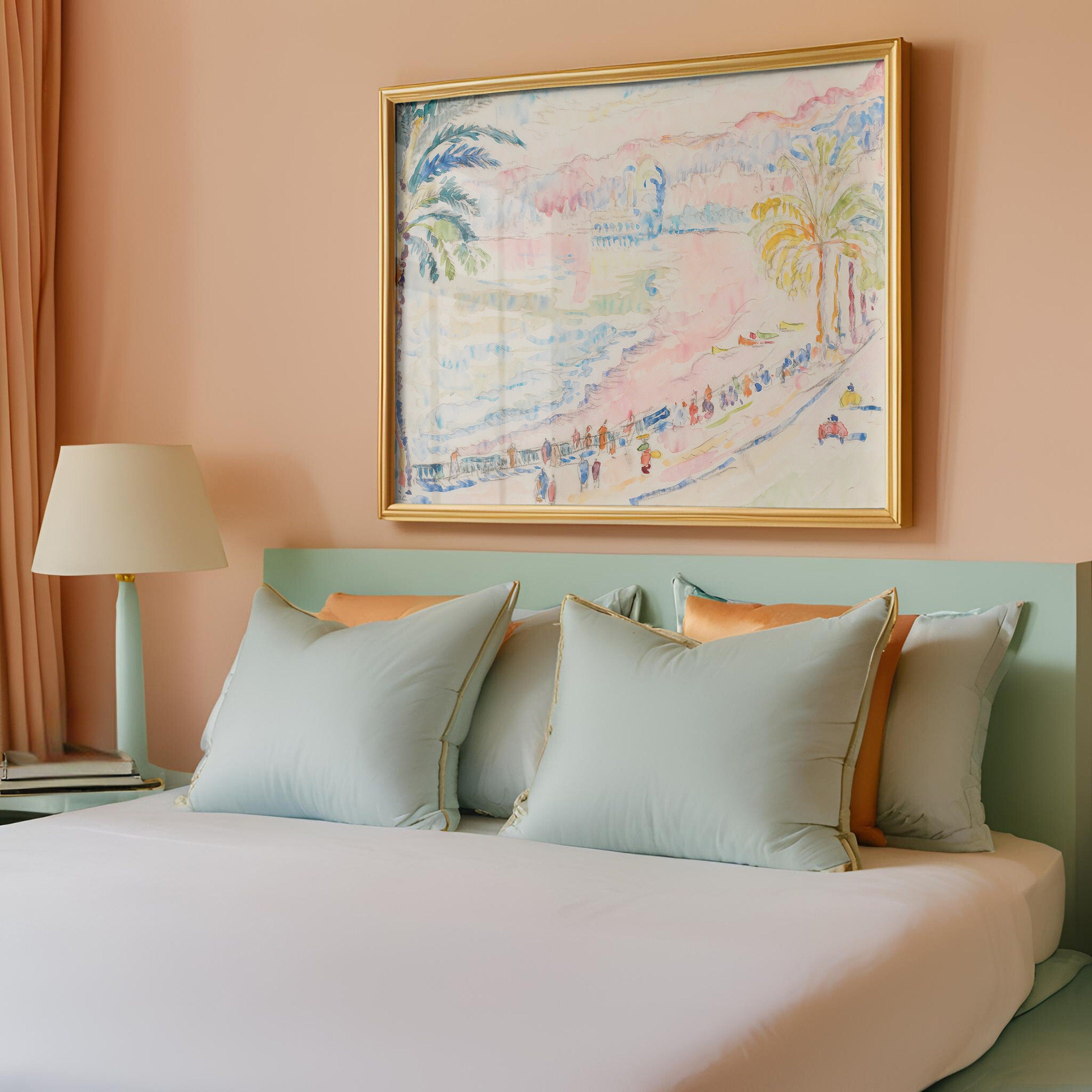 Beach Painting, Classic Art Print, Multi Color Beach Seascape Painting, Beach Wall Art, Pink and Yellow Prints, Digital Download