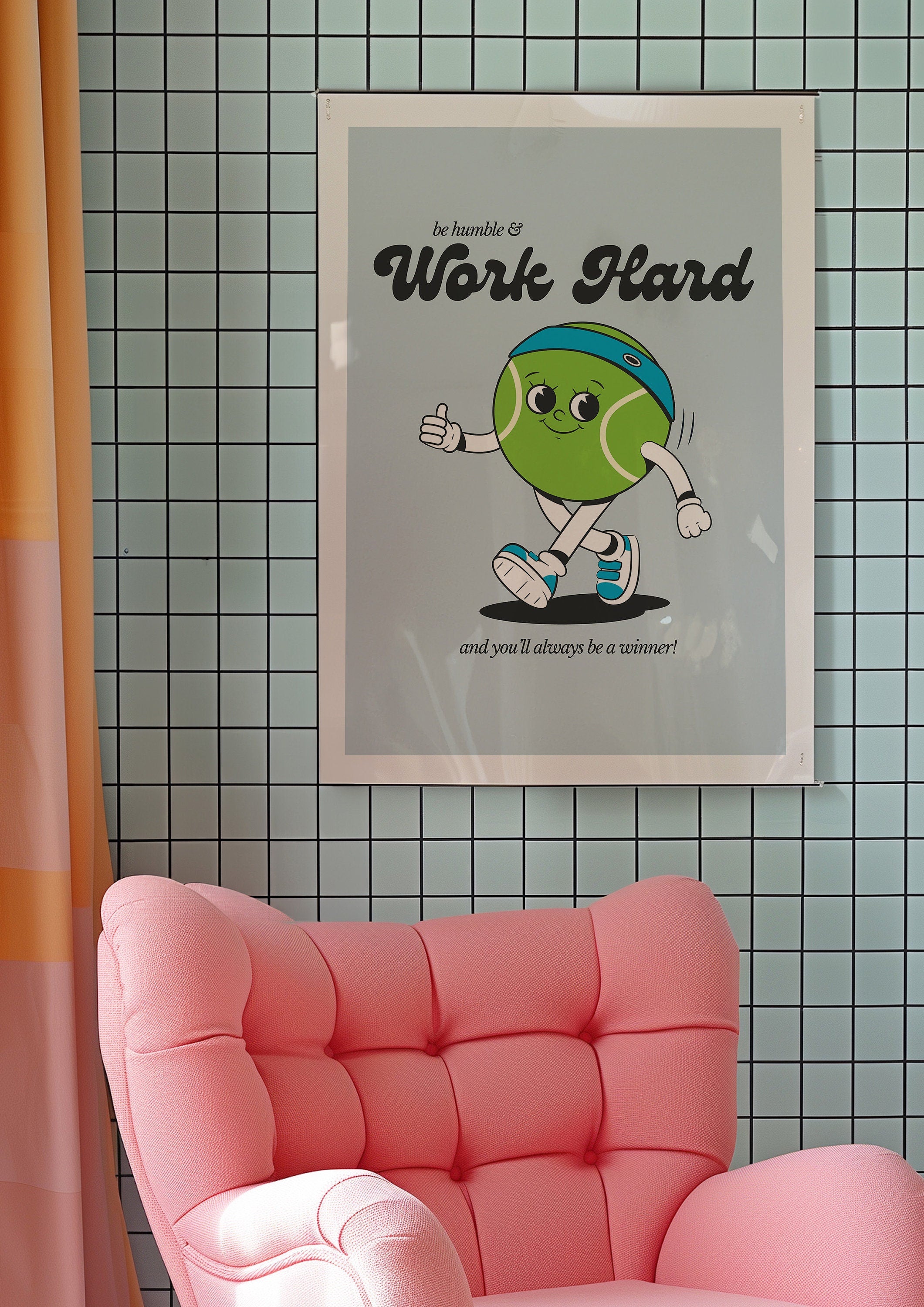 Work Hard Print, Retro Tennis Print, Blue Wall Print, Cute Kids Wall Art, Retro Cartoon Poster, Retro Quote Print, Cartoon Prints, Kid Art