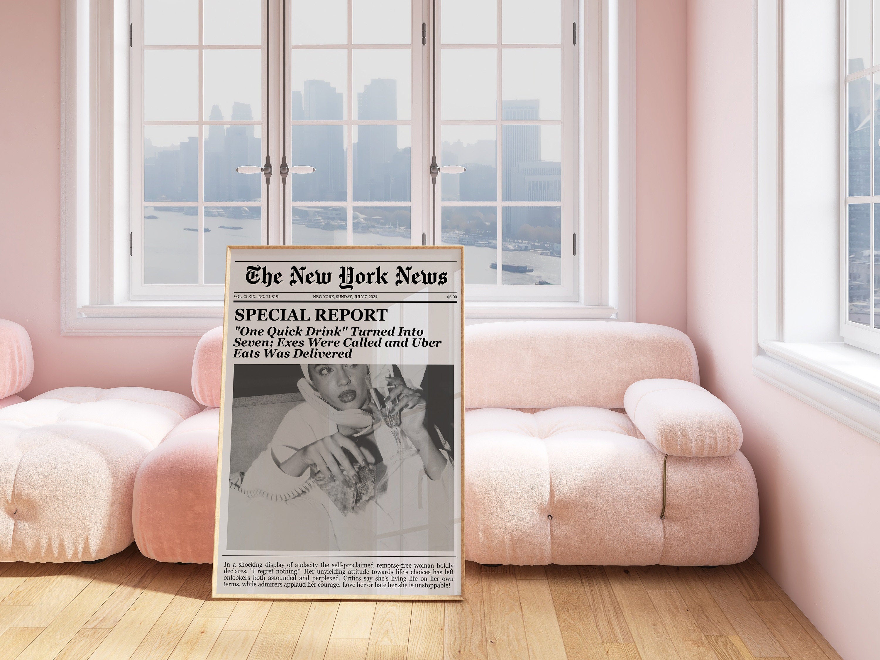 Trendy Newspapers Wall Art, New York Print, Vintage Bar Cart, It Girl Dorm Retro Wall Art, Instant Download, Dorm Decor, Apartment Art