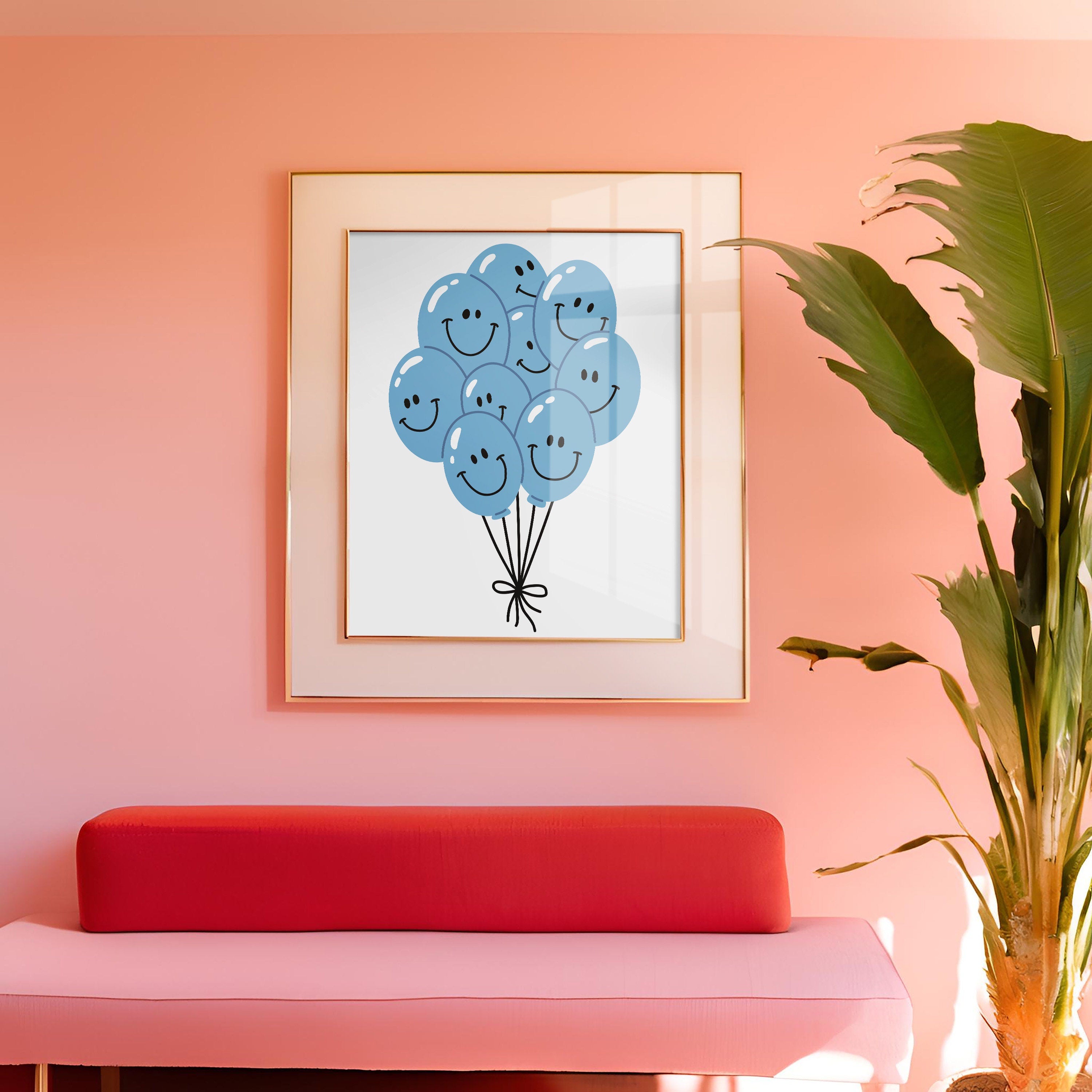 Balloon Art Print-Digital Download-Wall Print-Retro Art-Floral Art-Kids Room Decor-70s Flowers-Downloadable Art-Smiley Art Print-Dorm Decor