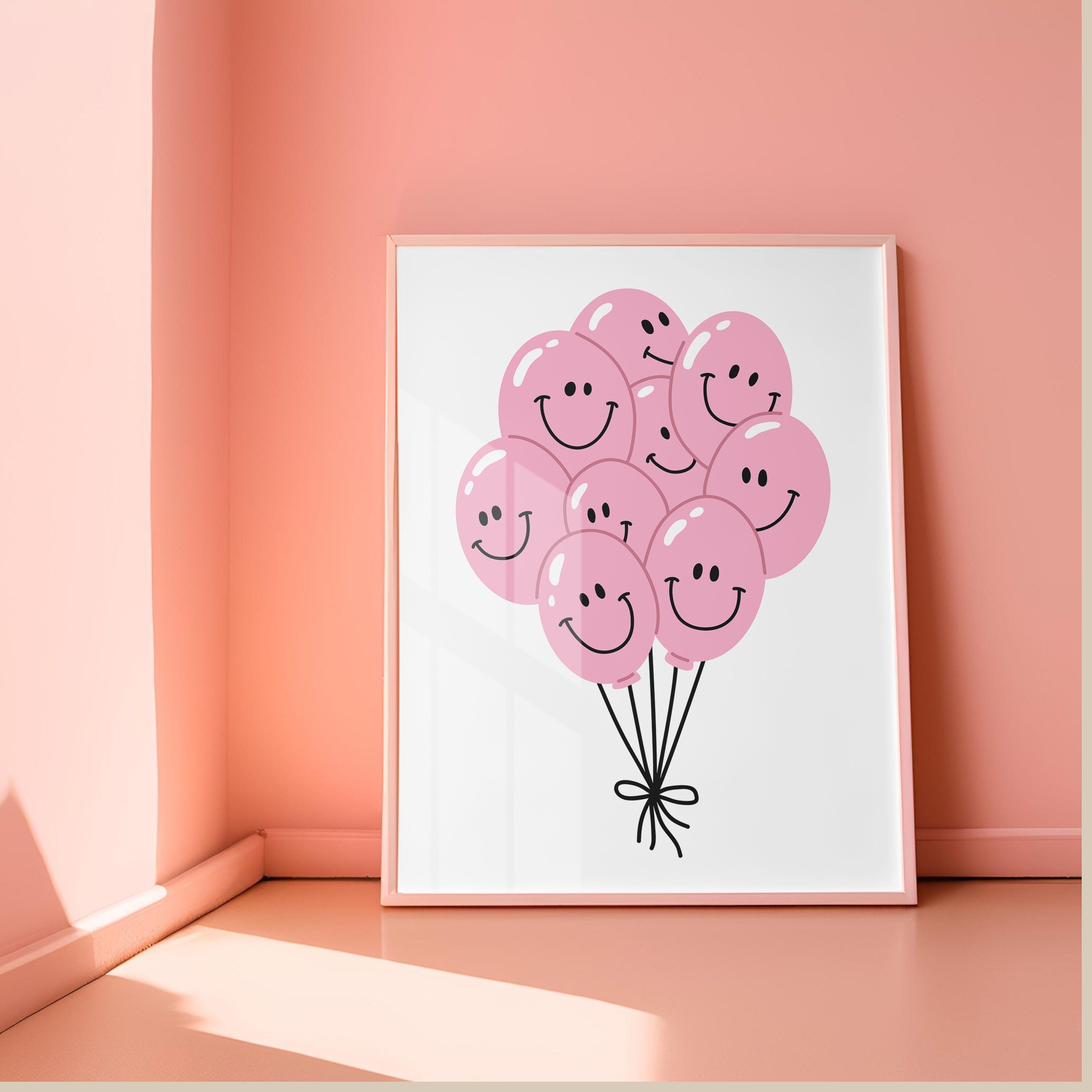 Balloon Art Print-Digital Download-Wall Print-Retro Art-Floral Art-Kids Room Decor-70s Flowers-Downloadable Art-Smiley Art Print-Dorm Decor