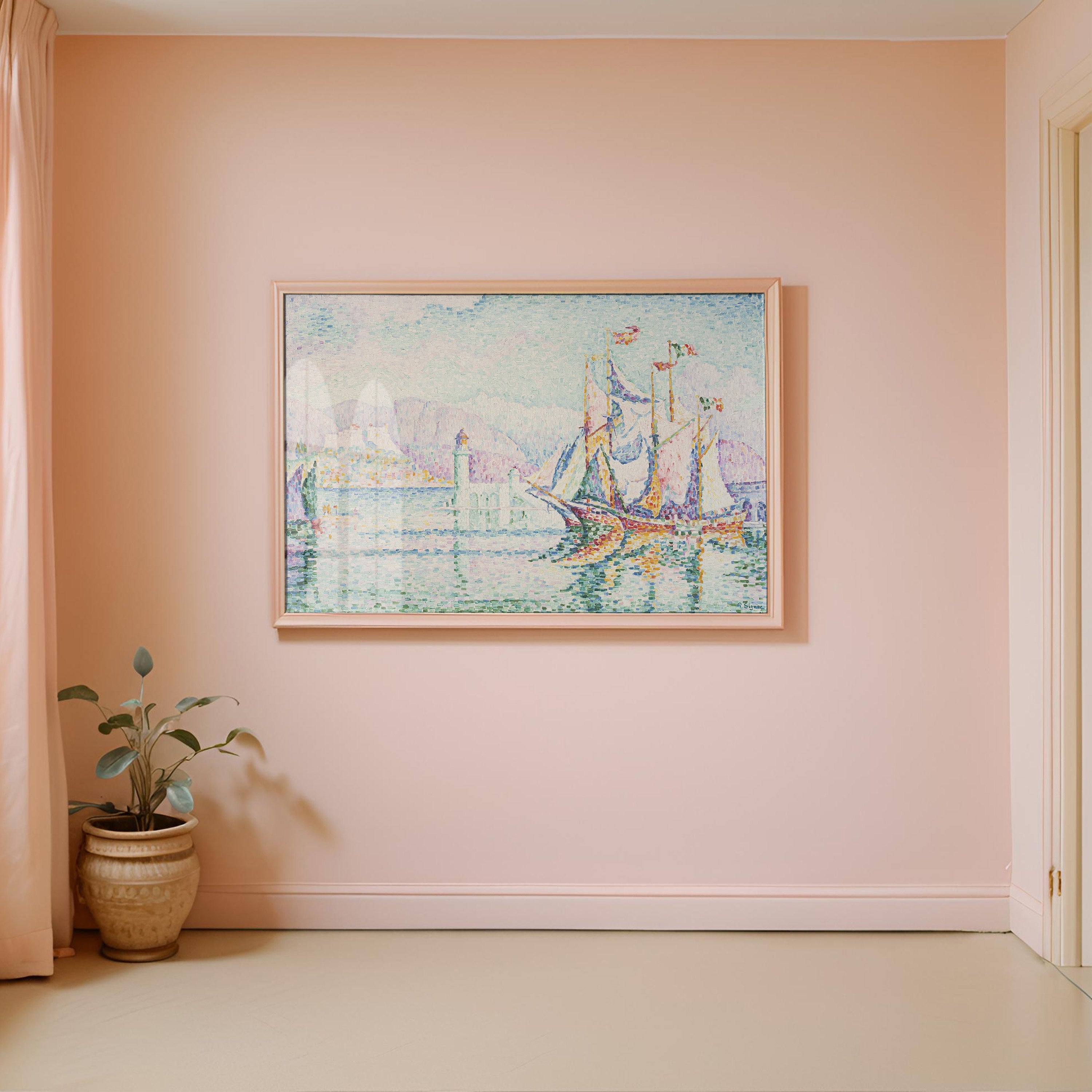 Beach Painting, Classic Art Print, Multi Color Beach Seascape Painting, Beach Wall Art, Pink and Yellow Prints, Digital Download