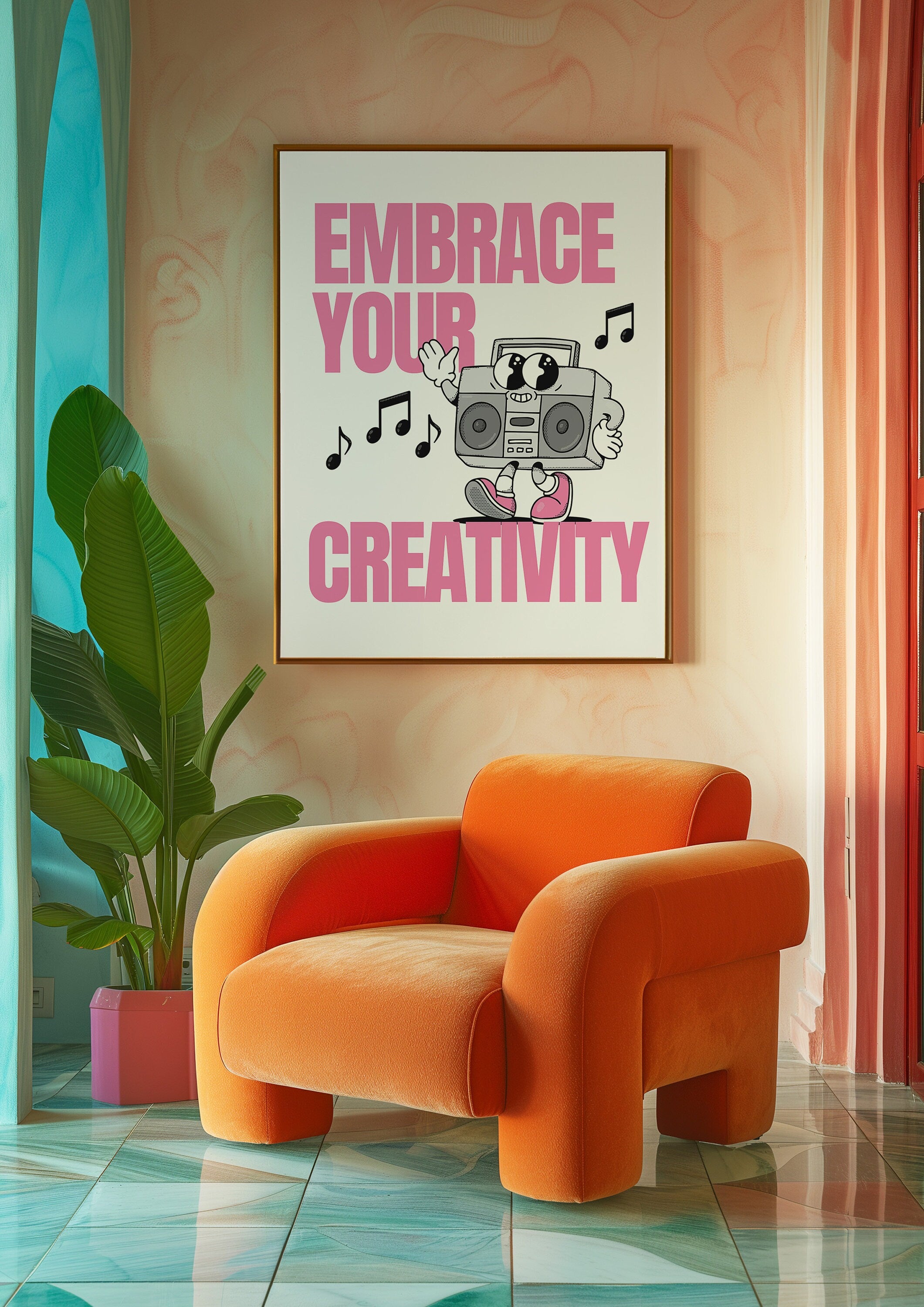 Embrace Creativity Art, Classroom Art, Cute Retro Print, Planet Cartoon, Retro Mascot Print, Funky Groovy Minimal Retro Poster