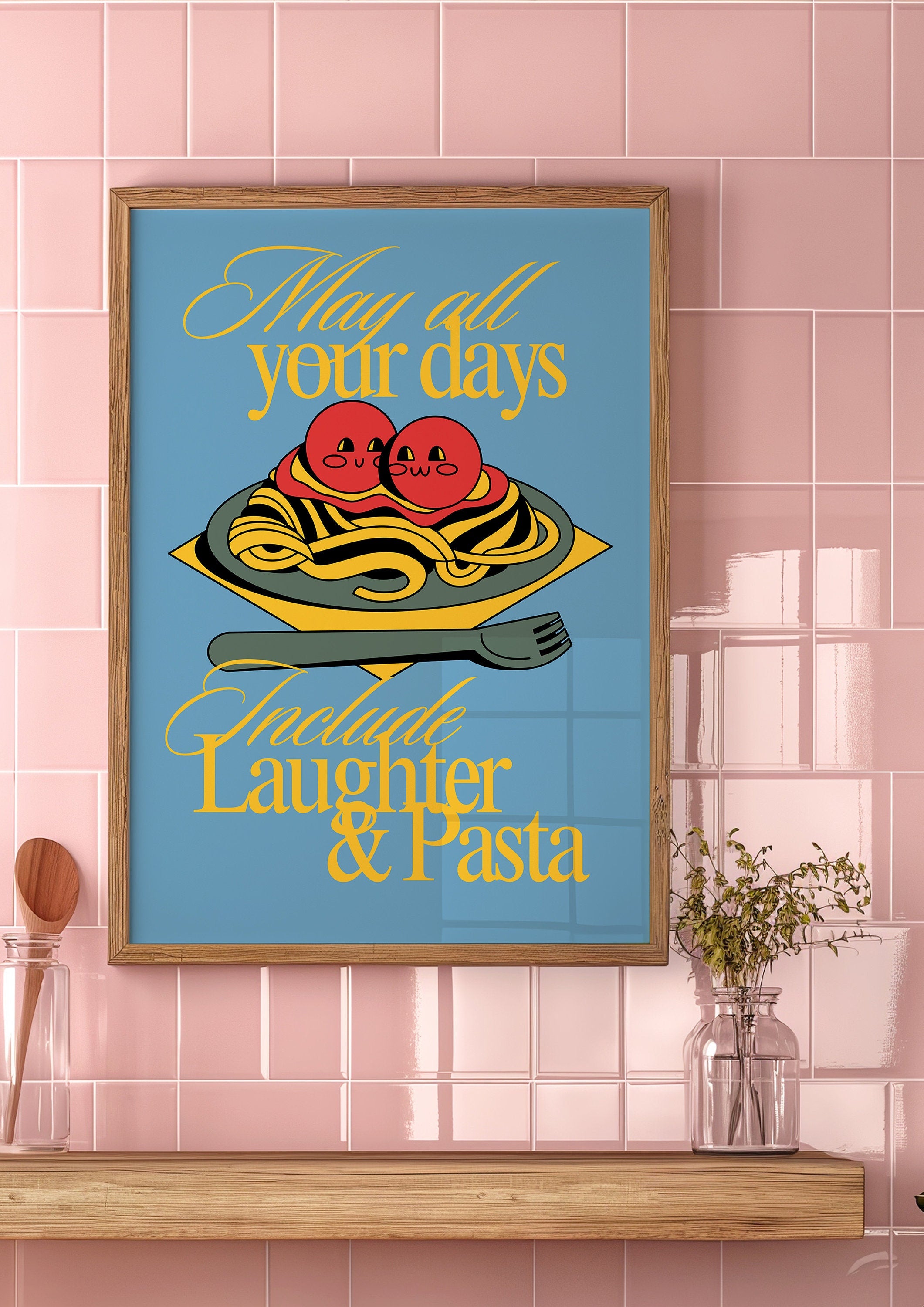 Pasta Art Print, Digital Download, Wall Art Print, Digital Food Art Print, Trendy Wall Art Print, Kitchen Wall Art Print, Blue Kitchen Decor