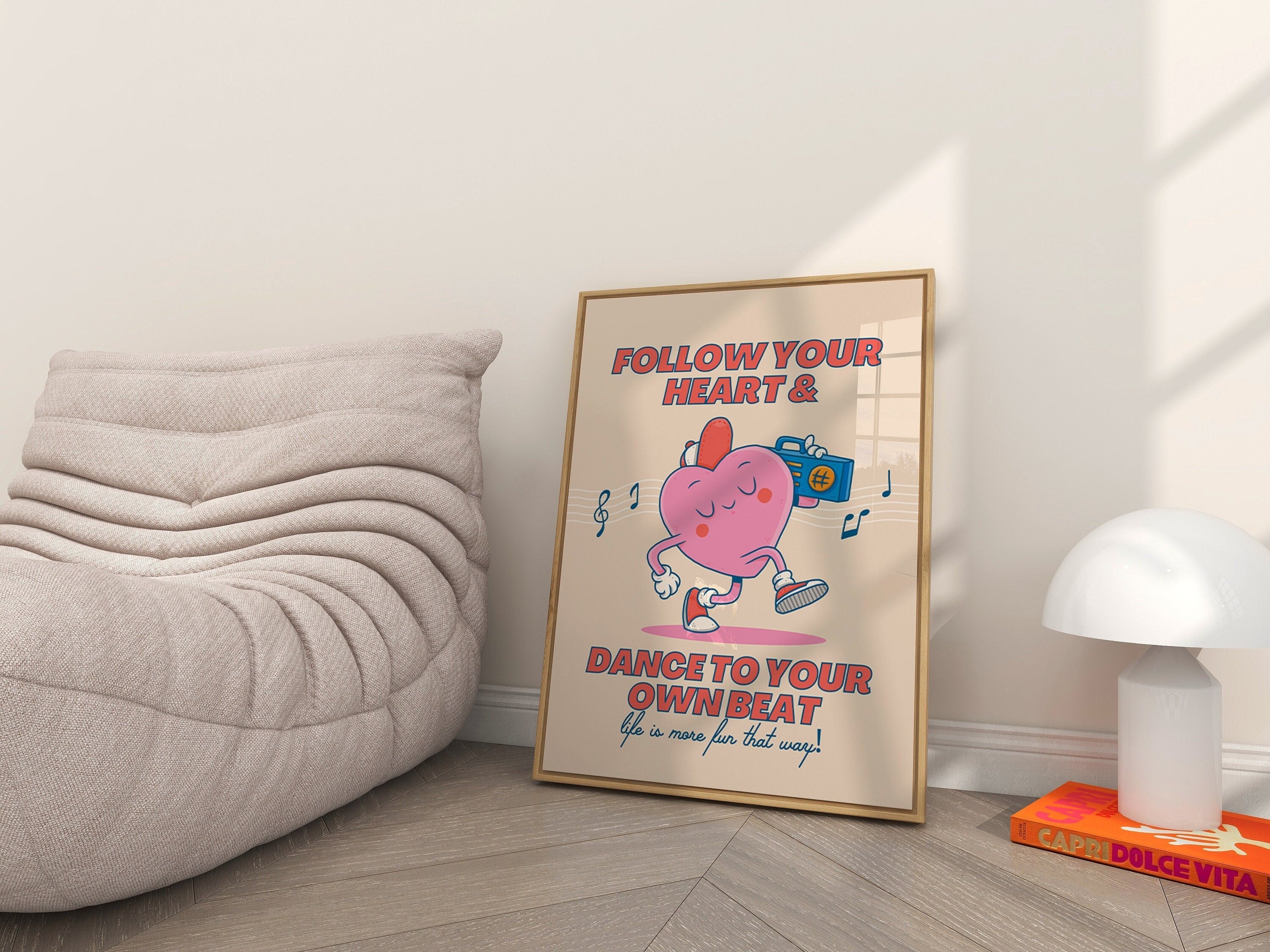 Dance to your own beat, Classroom Art, Cute Retro Print, Boombox Cartoon, Retro Mascot Print, Funky Music Minimal Retro Poster