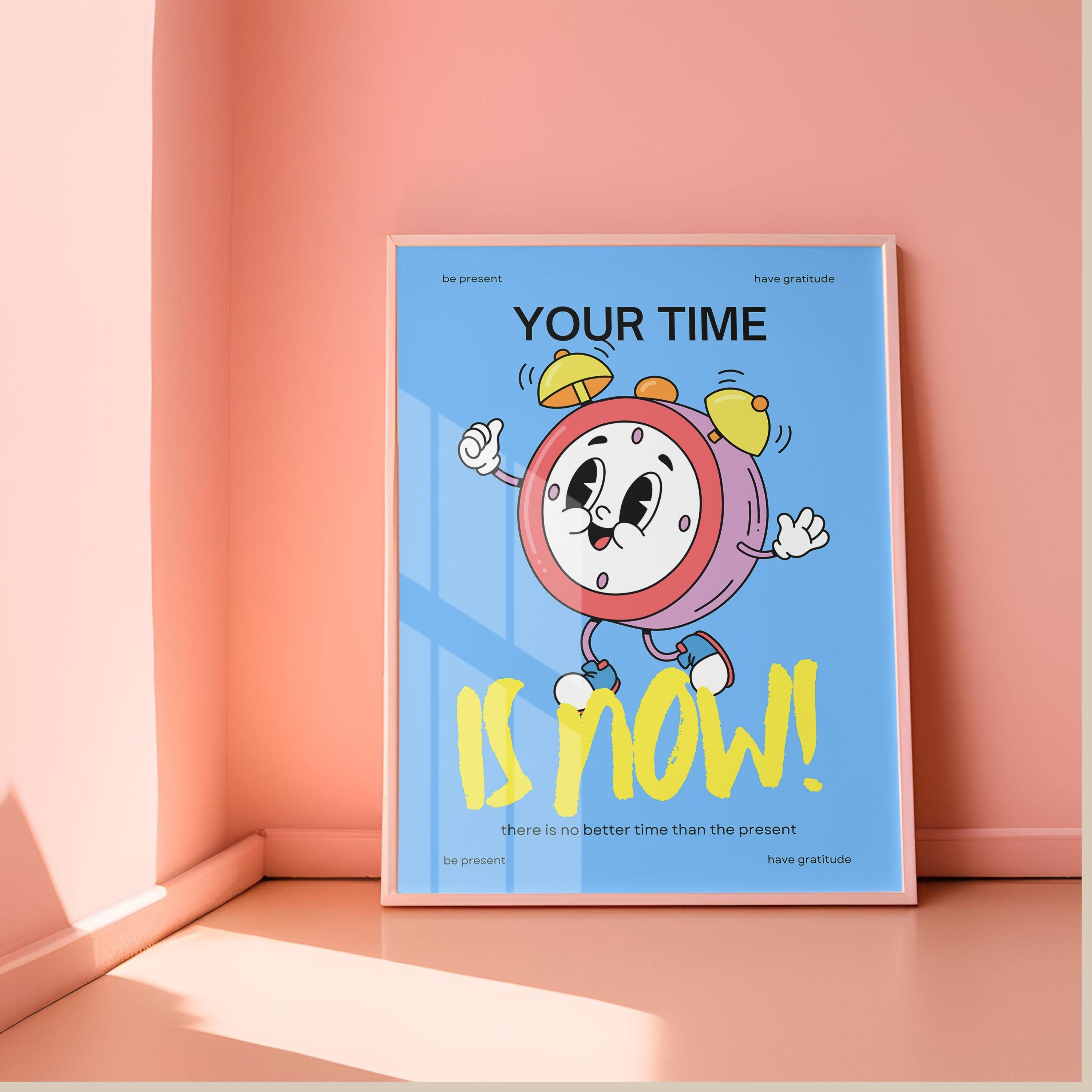 Classroom Art, Cute Retro Print, Clock Cartoon, Retro Mascot Print, Funky Groovy Minimal Retro Poster, Fun Classroom Art, Colorful Kid Art