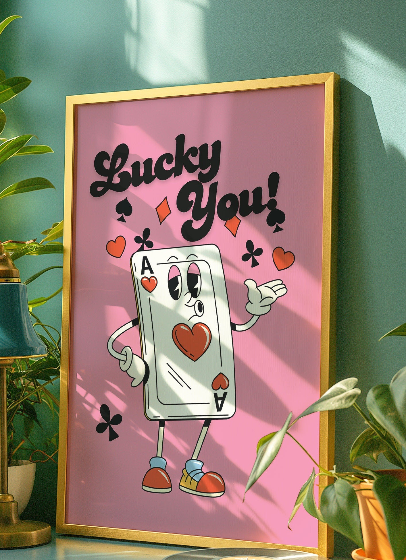 Lucky You Quote, Retro Card Posters, Lucky You Poster, Trendy Wall Art, Aesthetic Print, Dorm Art, Ace of Hearts Art, Retro Cartoon Print