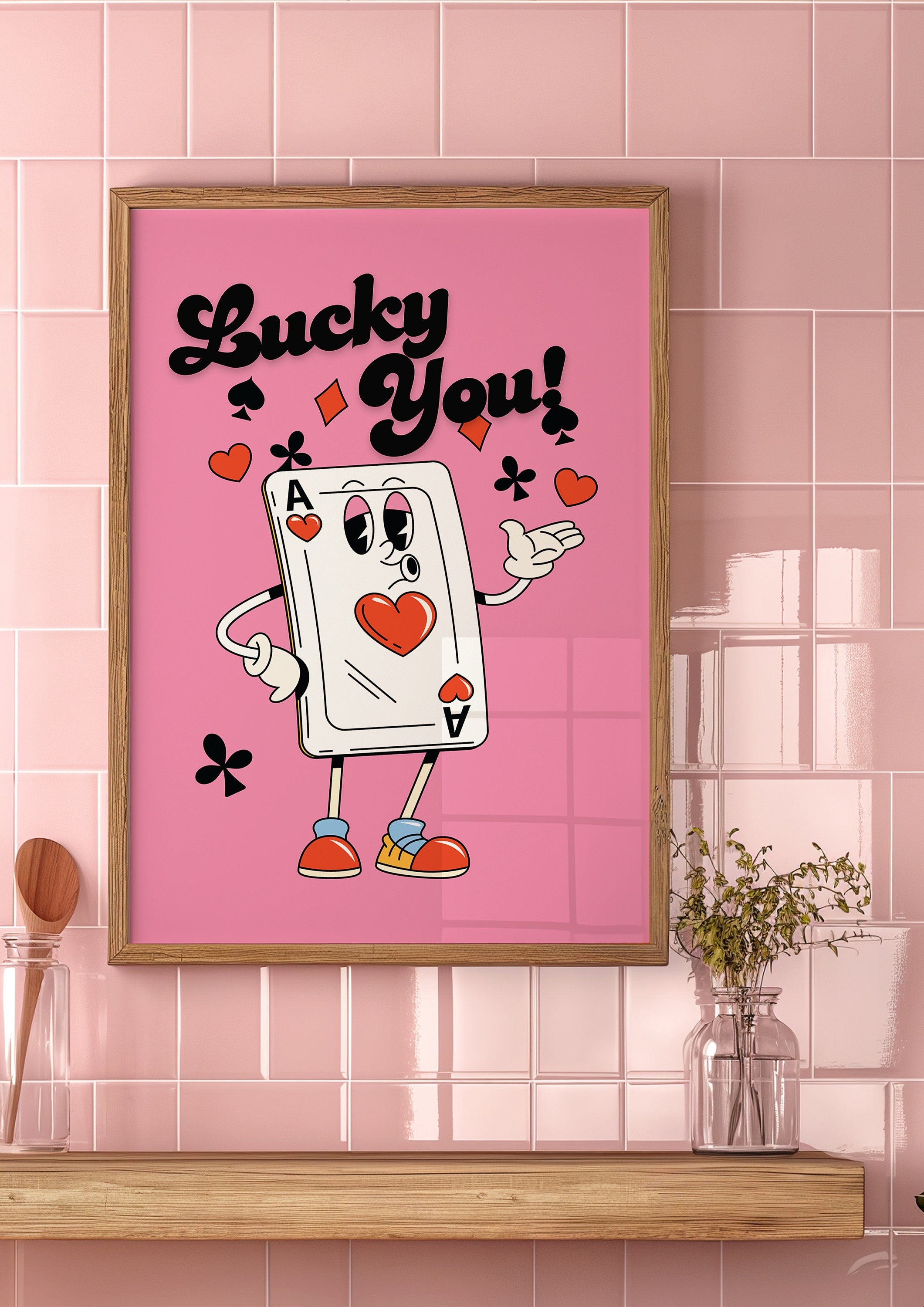 Lucky You Quote, Retro Card Posters, Lucky You Poster, Trendy Wall Art, Aesthetic Print, Dorm Art, Ace of Hearts Art, Retro Cartoon Print