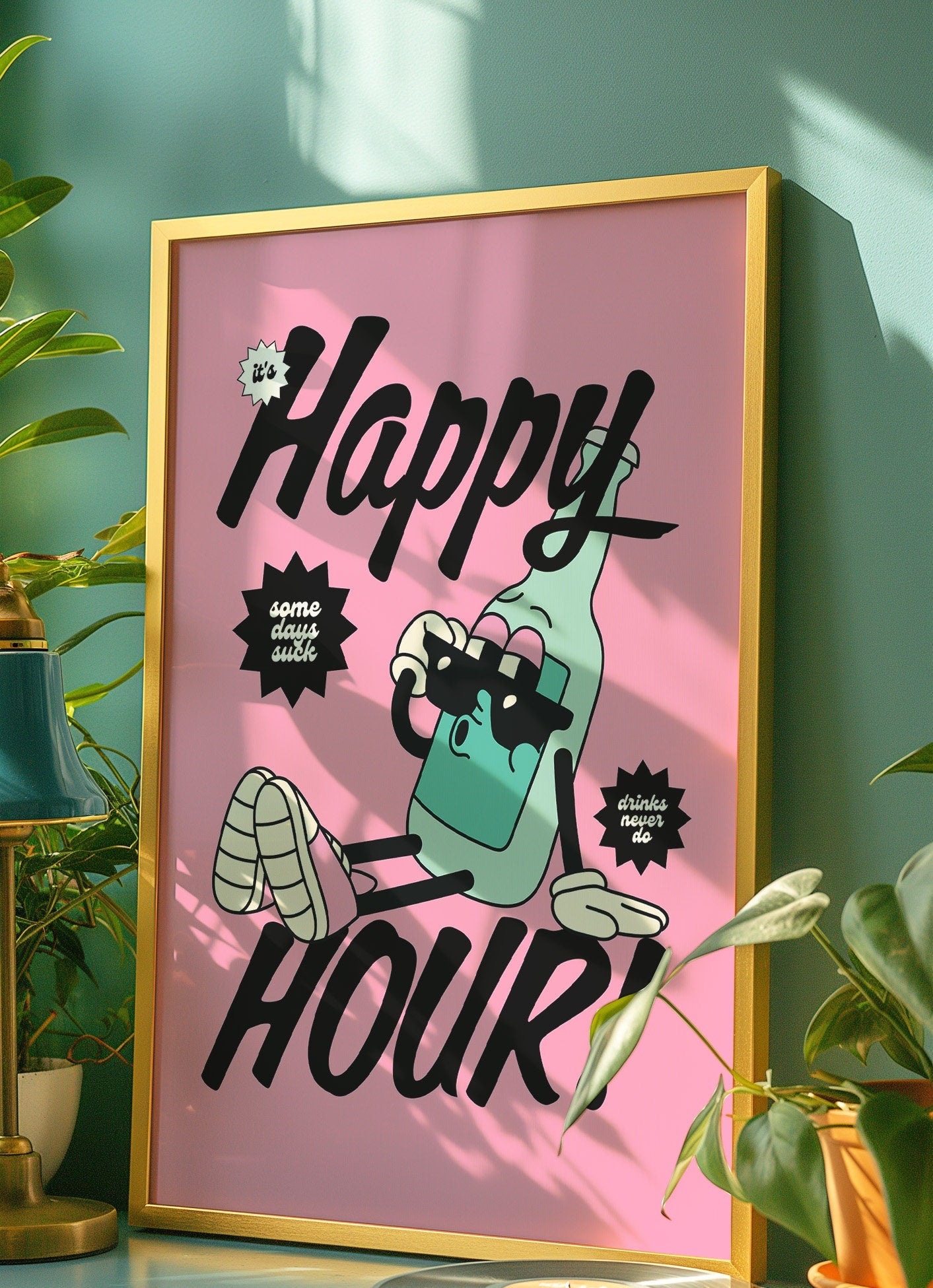 Happy Hour Art Print, Retro Wall Art, cartoon Retro Prints, Happy Hour Posters, Bar Cart Decor, Cocktail Art Prints, Funky Art